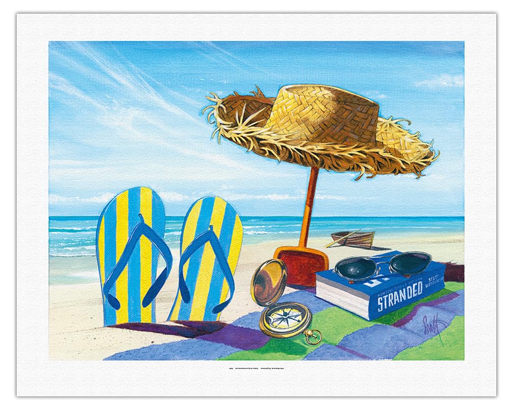 Scott Westmoreland Original Beach Art Print - 20x26 Inch Rolled Canvas Painting with Straw Hat, Sunglasses, Towel & Flip Flops - Perfect for Coastal Home Decor, Vacation Gifts & Beach House Wall Art