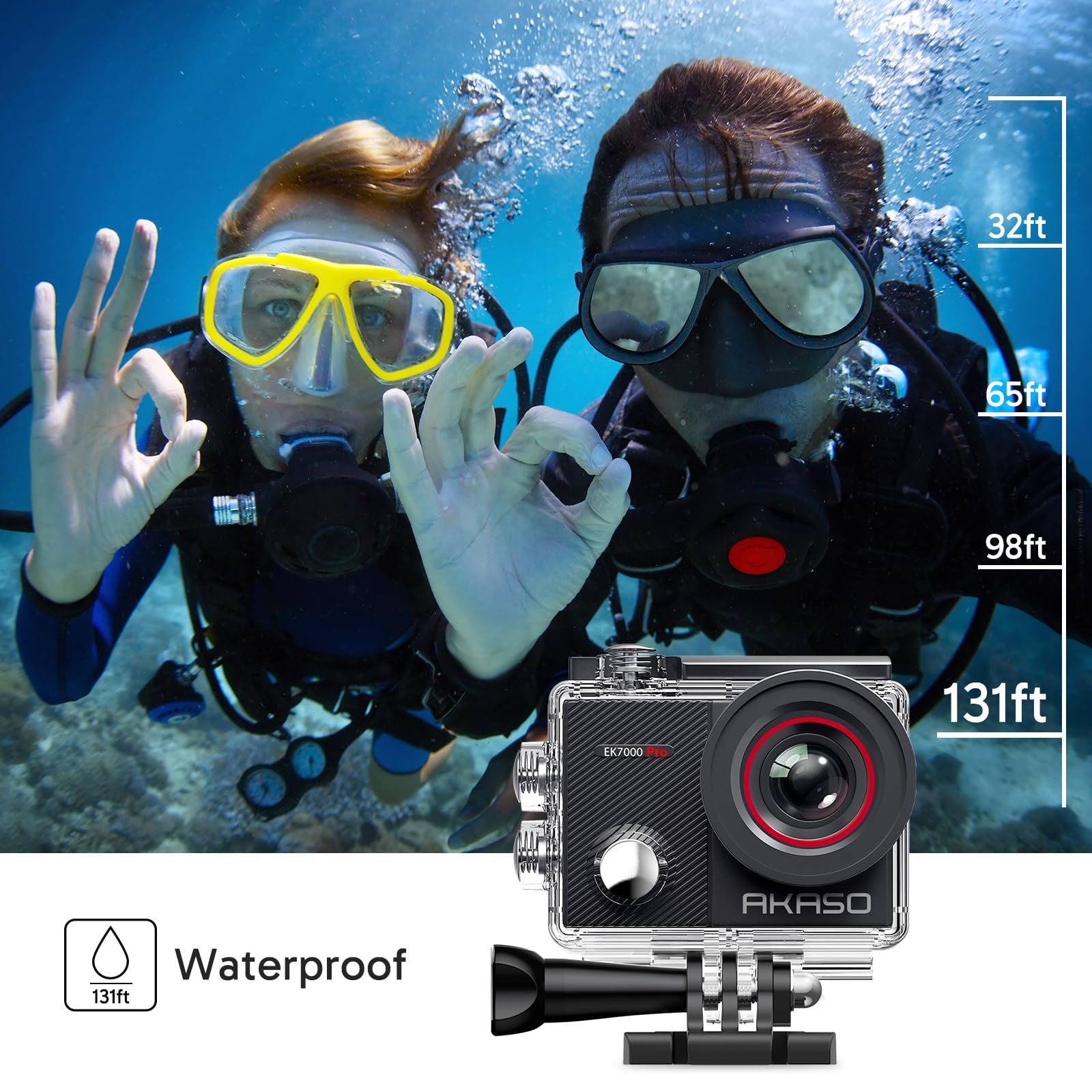 AKASO EK7000 Pro 4K30fps Waterproof Action Camera with Touch Screen, EIS Stabilization, 131ft Underwater Housing, Remote Control & 5X Zoom - Perfect for Diving, Surfing, Skiing & Extreme Sports (Helmet Accessories Kit Included)