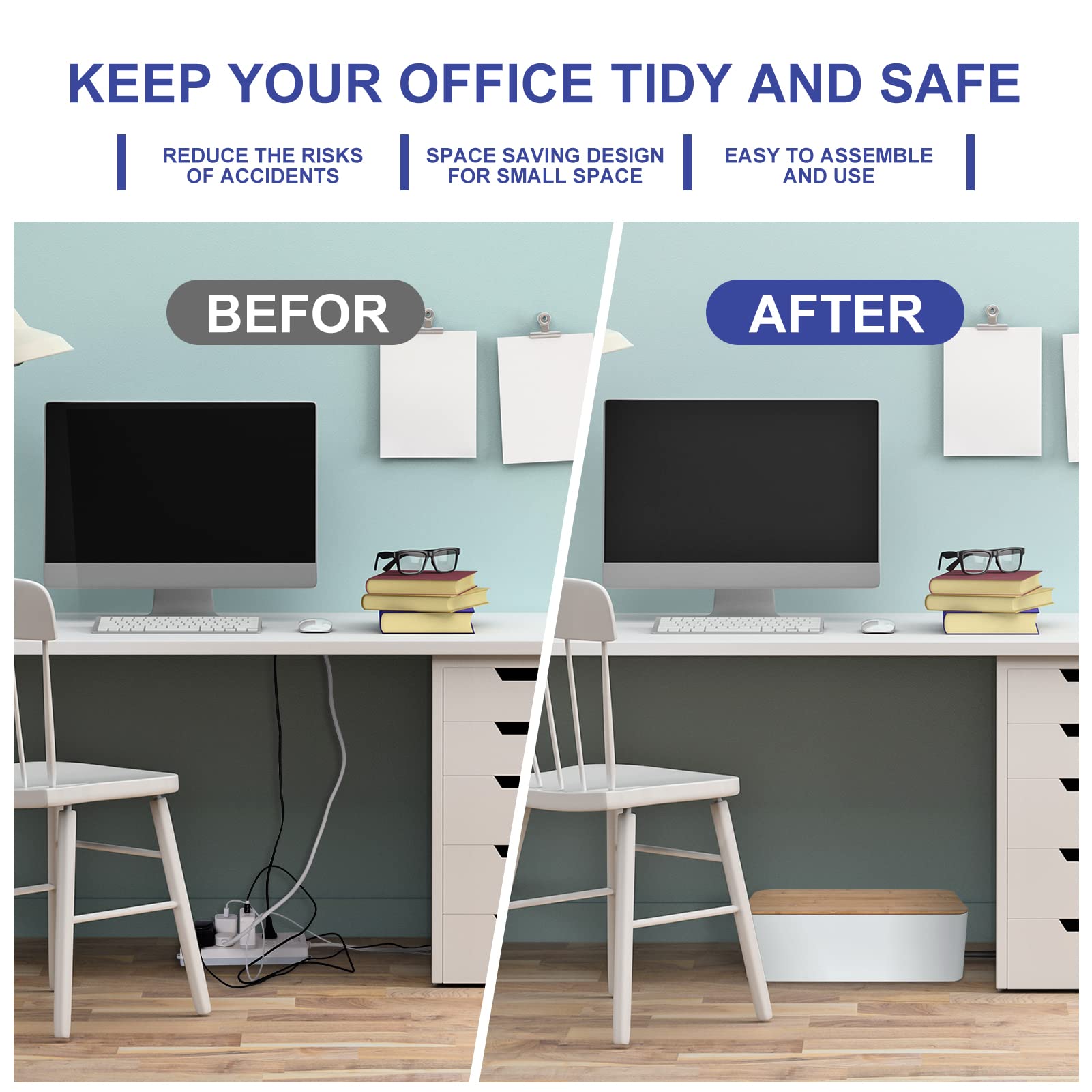 Wooden Style Cable Management Box - Hide Wires & Power Strips | Desk Computer Cord Organizer | Safe ABS Material | 12.6