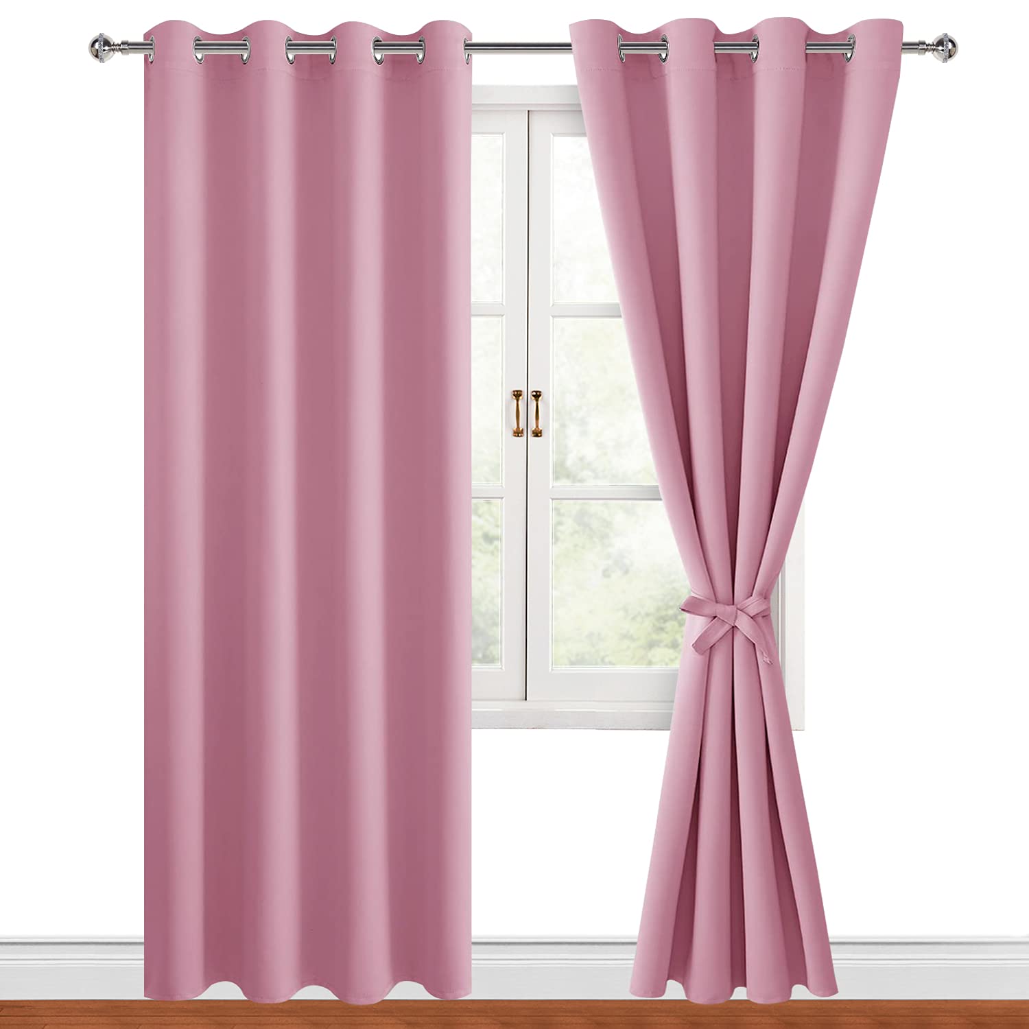 Blackout Curtains for Bedroom & Living Room - 52 x 84 Inches Thermal Insulated Light Blocking Window Drapes with Tiebacks, Pink - Perfect for Privacy, Sleep & Energy Efficiency