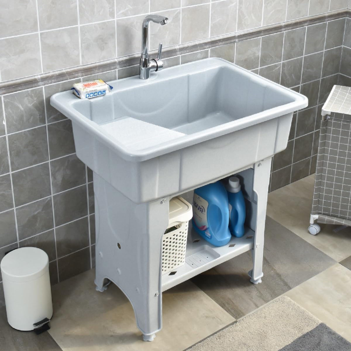 Gdrasuya10 Grey Plastic Utility Laundry Sink with Faucet - Heavy Duty Washing Station Tub for Laundry Room, Basement & Outdoor Use - Includes All Installation Kits - Perfect for Garden Cleaning, Pet Washing & Household Chores
