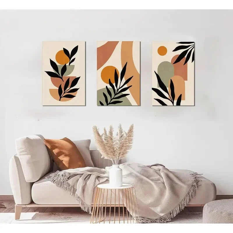 3-Piece Minimalist Boho Leaf Metal Wall Art - Colorful Ready-to-Hang Prints for Living Room, Bedroom & Office Decor