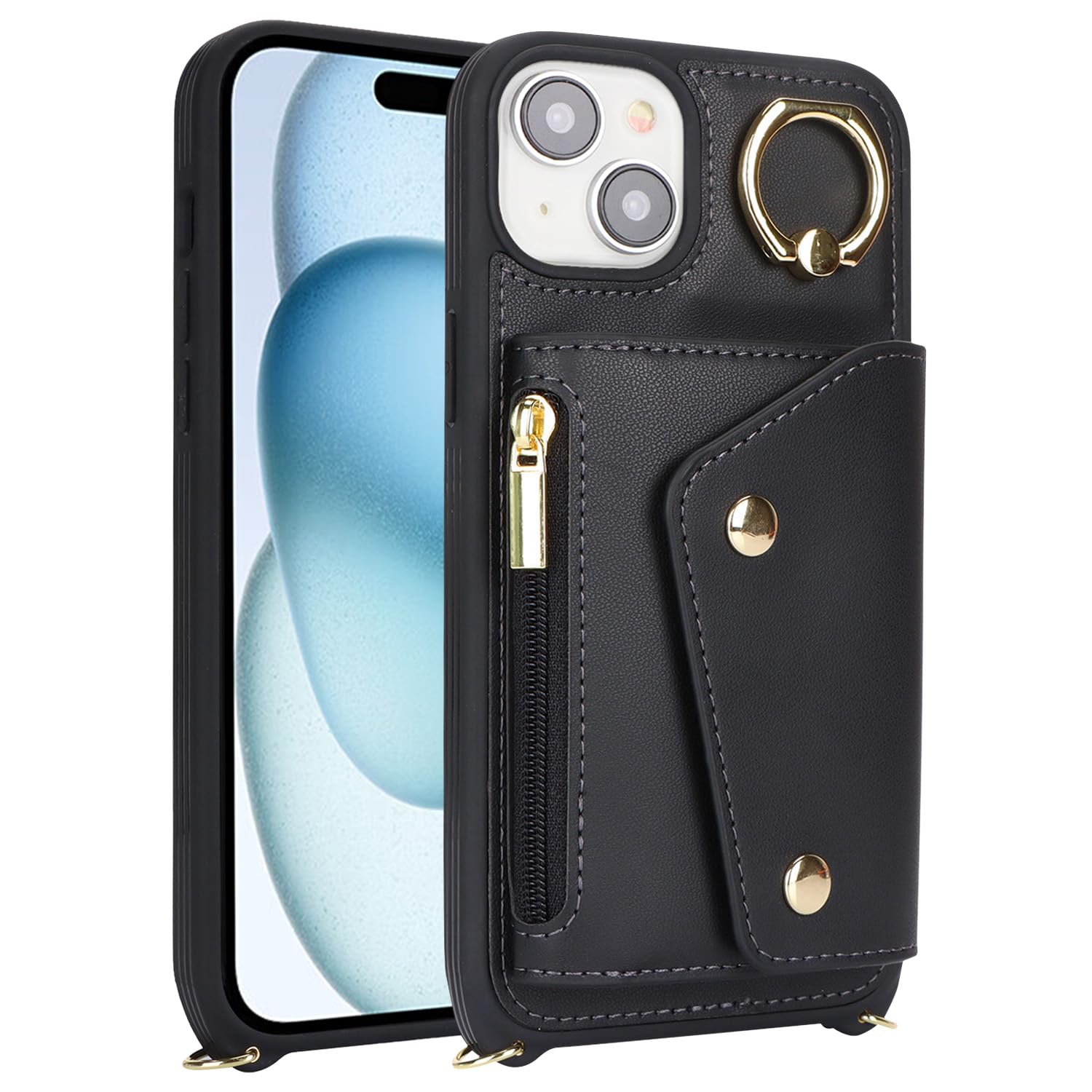 iPhone 15 Plus Wallet Case with Card Holder & Crossbody Strap - 6.7