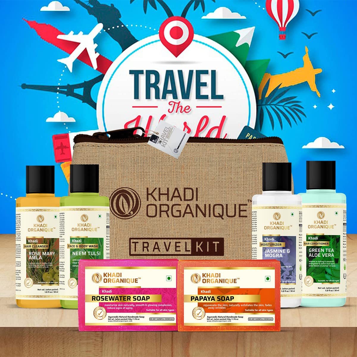 Khadi Organique Travel Grooming Kit for Men & Women - 6-Piece Set (2 Soaps, Shampoo, Conditioner, Moisturizer, Face Wash) - Perfect for Travel, Camping & Gym Essentials
