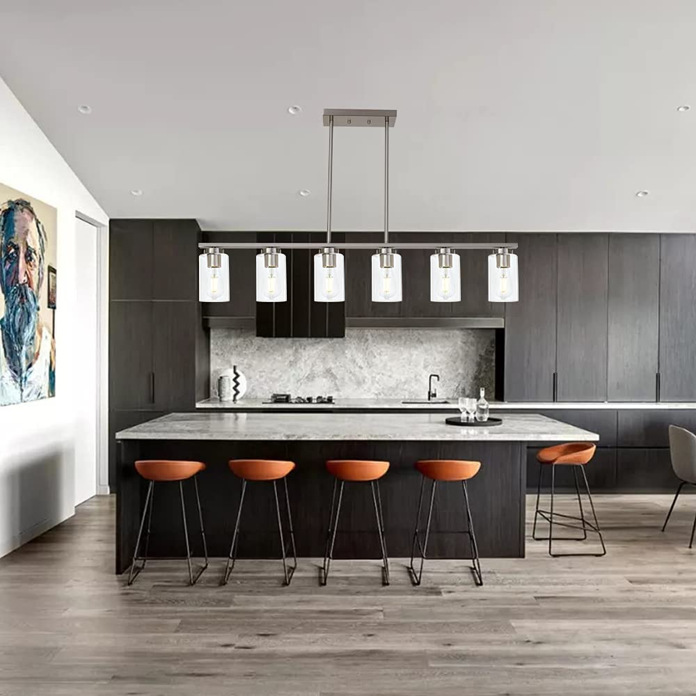 Modern 6-Light Linear Pendant Light Fixture with Clear Glass Shades - Brushed Nickel Finish for Kitchen Island, Dining Room, Pool Table & Bar Counter Lighting