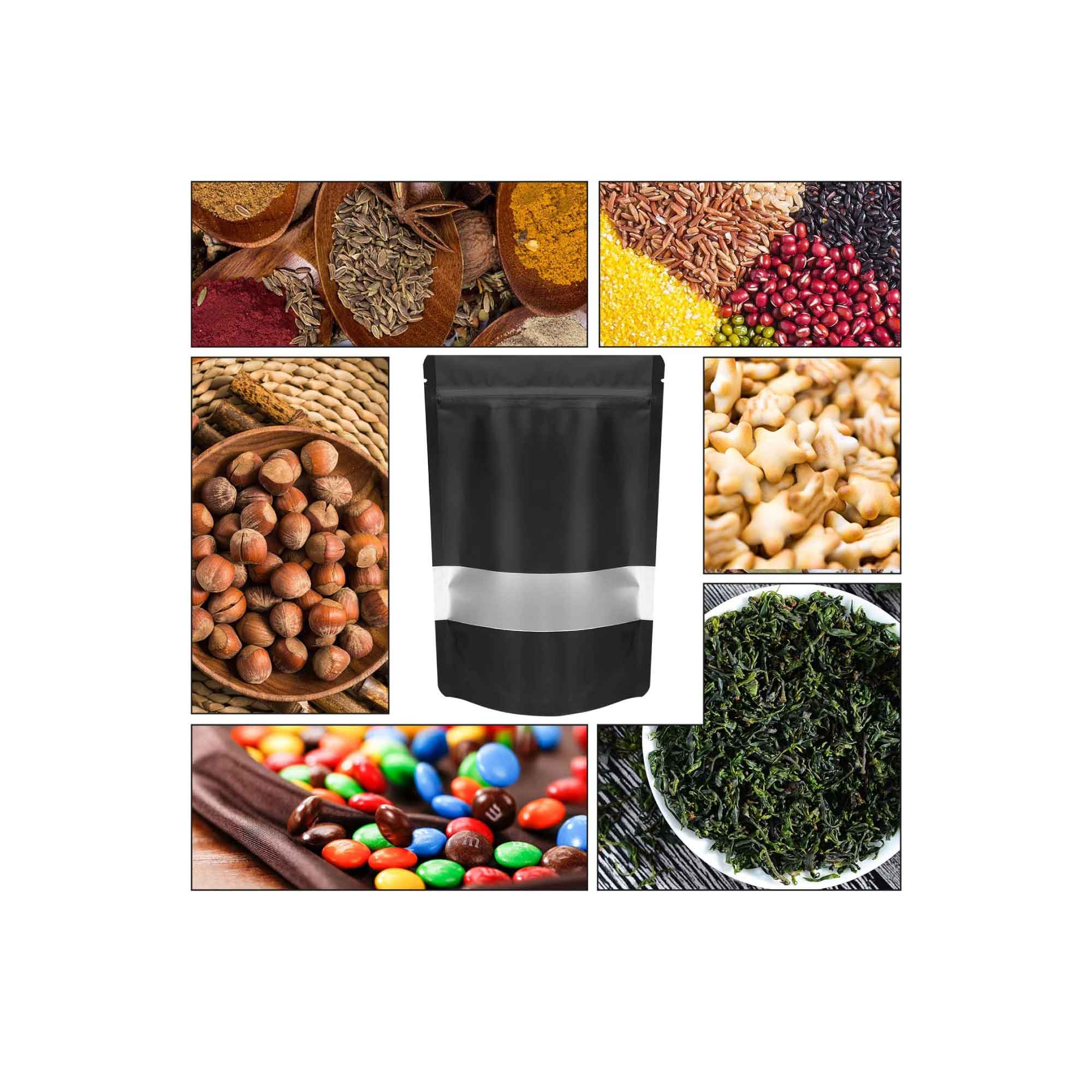 100 Resealable Mylar Stand Up Bags 29.5x22cm (11.6x8.7in) - Black Food Storage Zip Pouch for Coffee, Tea, Snacks & Dry Goods | Airtight, Durable & Reusable Packaging Solution