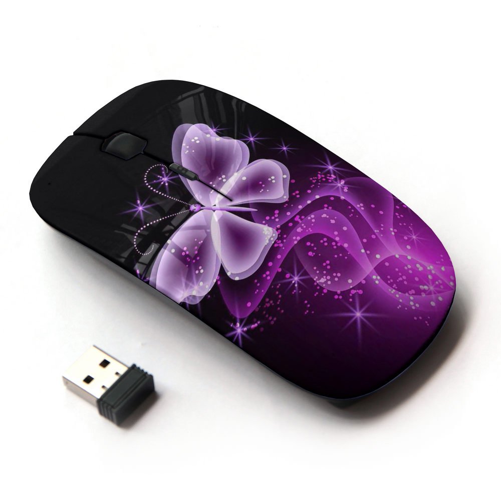 2.4G Wireless Optical Mouse with Butterfly Glitter Design - Black & Neon Purple for Laptop, PC, Gaming, and Office Use