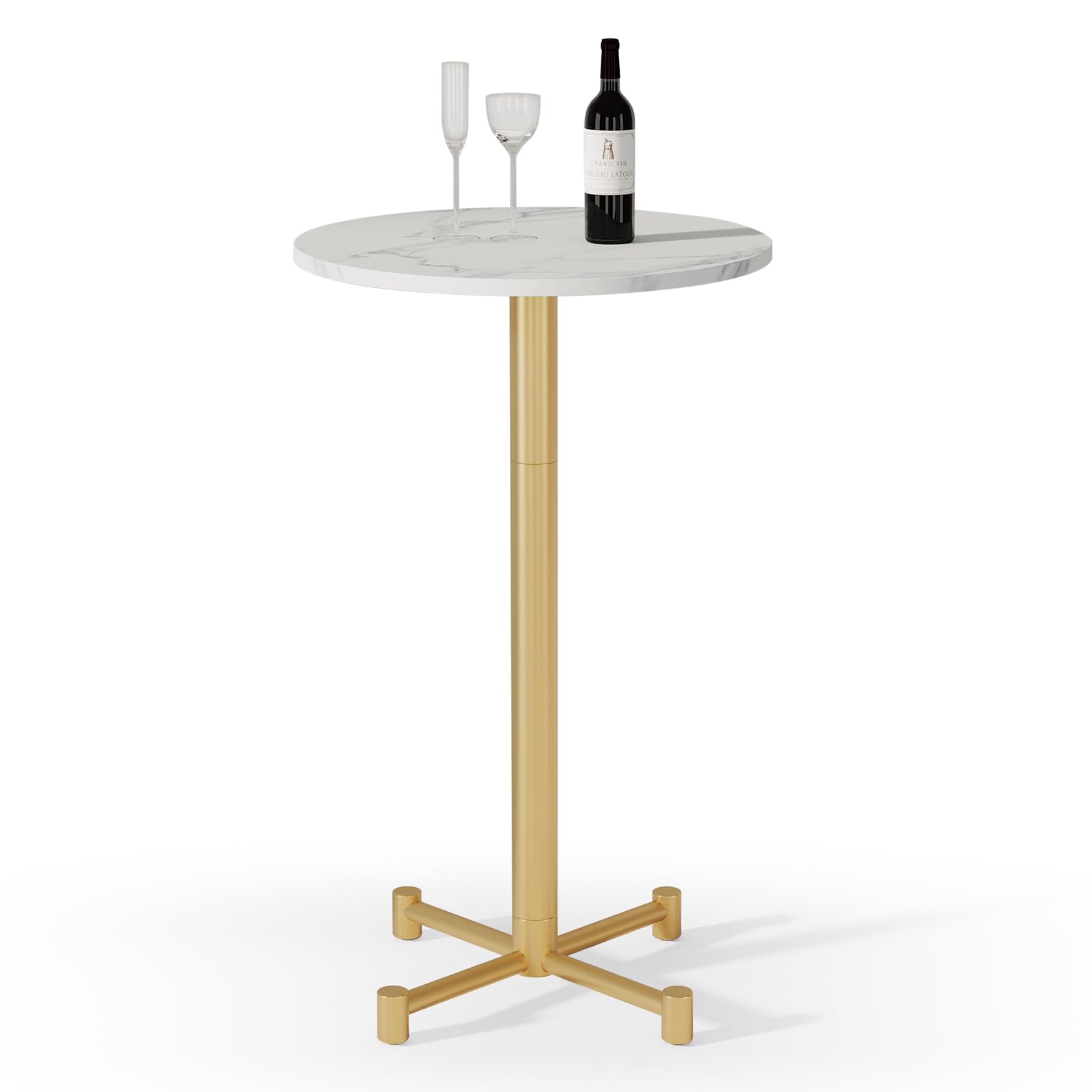 KithKasa 24 Inch Round Bar Table - Modern Pub Height Cocktail Table with White MDF Faux Marble Top & Gold Metal Base, 40