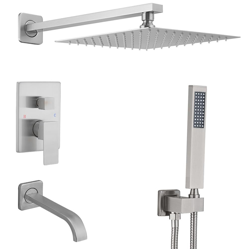 Brushed Nickel Shower System with Tub Spout - Wall Mounted Tub Shower Faucet Set for Bathroom - High Pressure 10