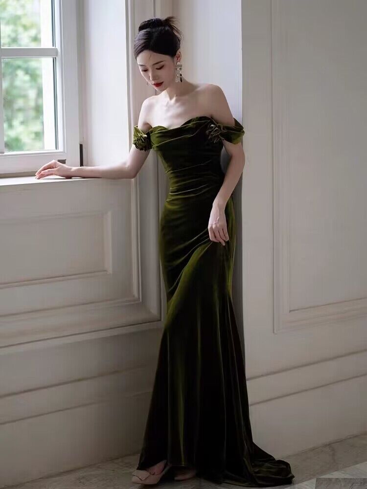 Elegant Off Shoulder Green Velvet Mermaid Prom Dress J2969 - Perfect for Homecoming, Formal Dances & Special Occasions
