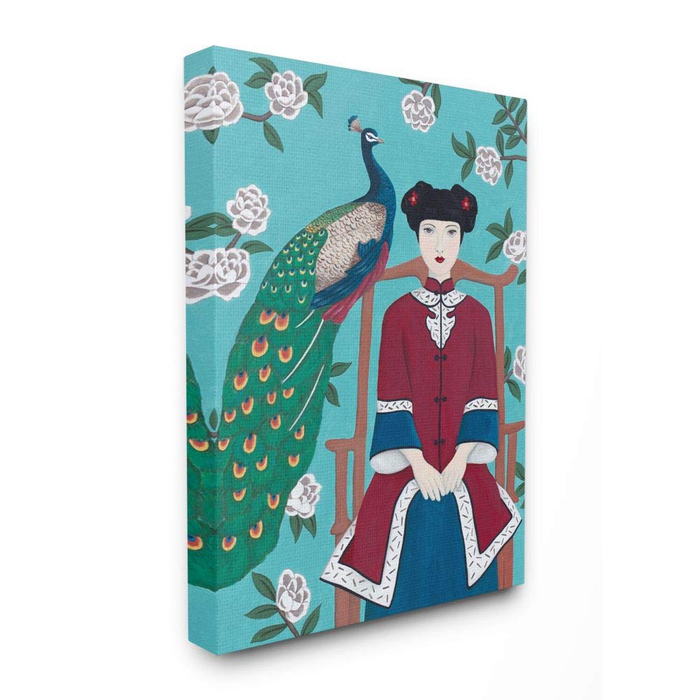 Stupell Industries Chinese Woman & Peacock Floral Painting - Blue & Red Wall Art by Sally B - 36x48 Canvas - Perfect for Living Room, Bedroom & Office Decor