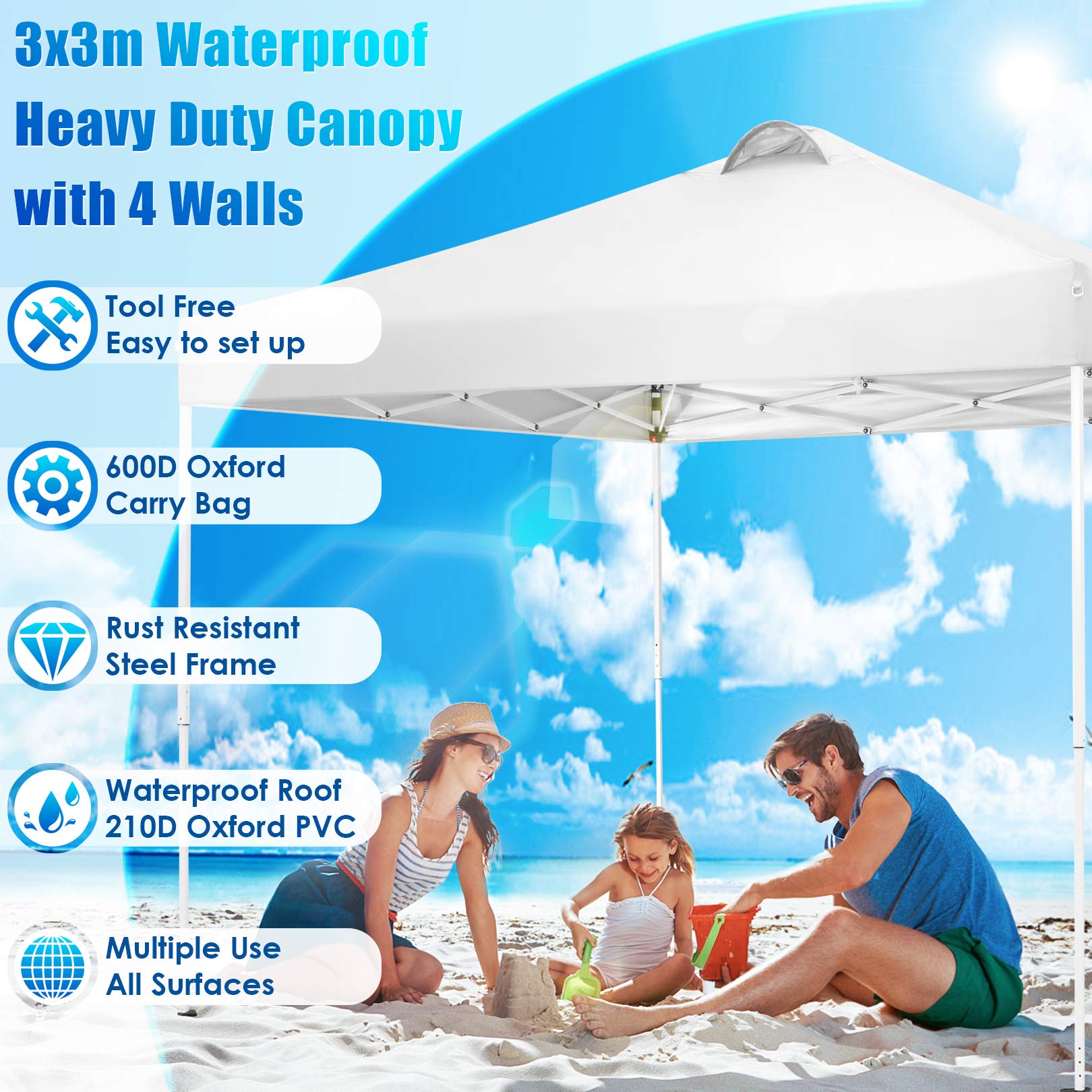 COBIZI 10x10 Pop Up Canopy Tent - Waterproof Instant Gazebo with 4 Sidewalls for Outdoor Events, Parties, Backyard & Commercial Use - Includes 4 Sandbags, 4 Stakes & 8 Ropes (White) - Perfect for Picnics, Farmers Markets, Beach Days and Tailgating