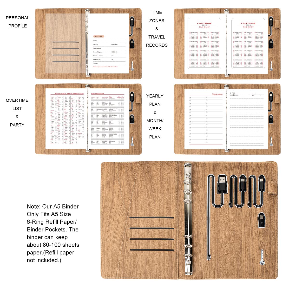 Premium Leather A5 Binder with 8000mAh Power Bank - 6-Ring Planner Notebook Organizer with Document Sleeve, Card Holder & Pencil Loop - Compatible with A5 Filler Paper (Wood Grain) - Perfect for Business Meetings, College Students & Office Professionals