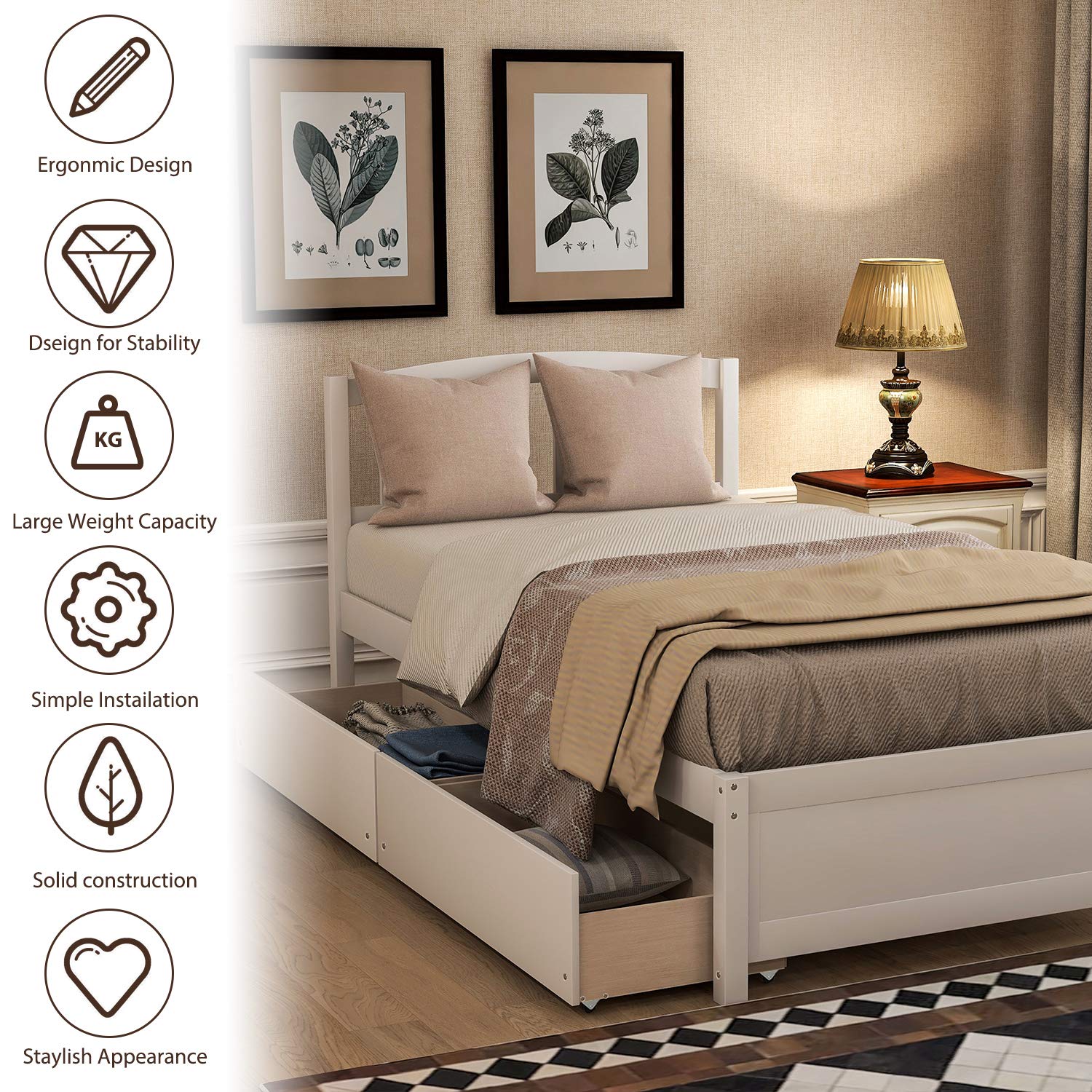 Merax Twin Size Platform Bed Frame - Solid Wood Storage Bed with 2 Drawers & Headboard, Snow White - Perfect for Small Bedrooms, Guest Rooms & Kids' Rooms