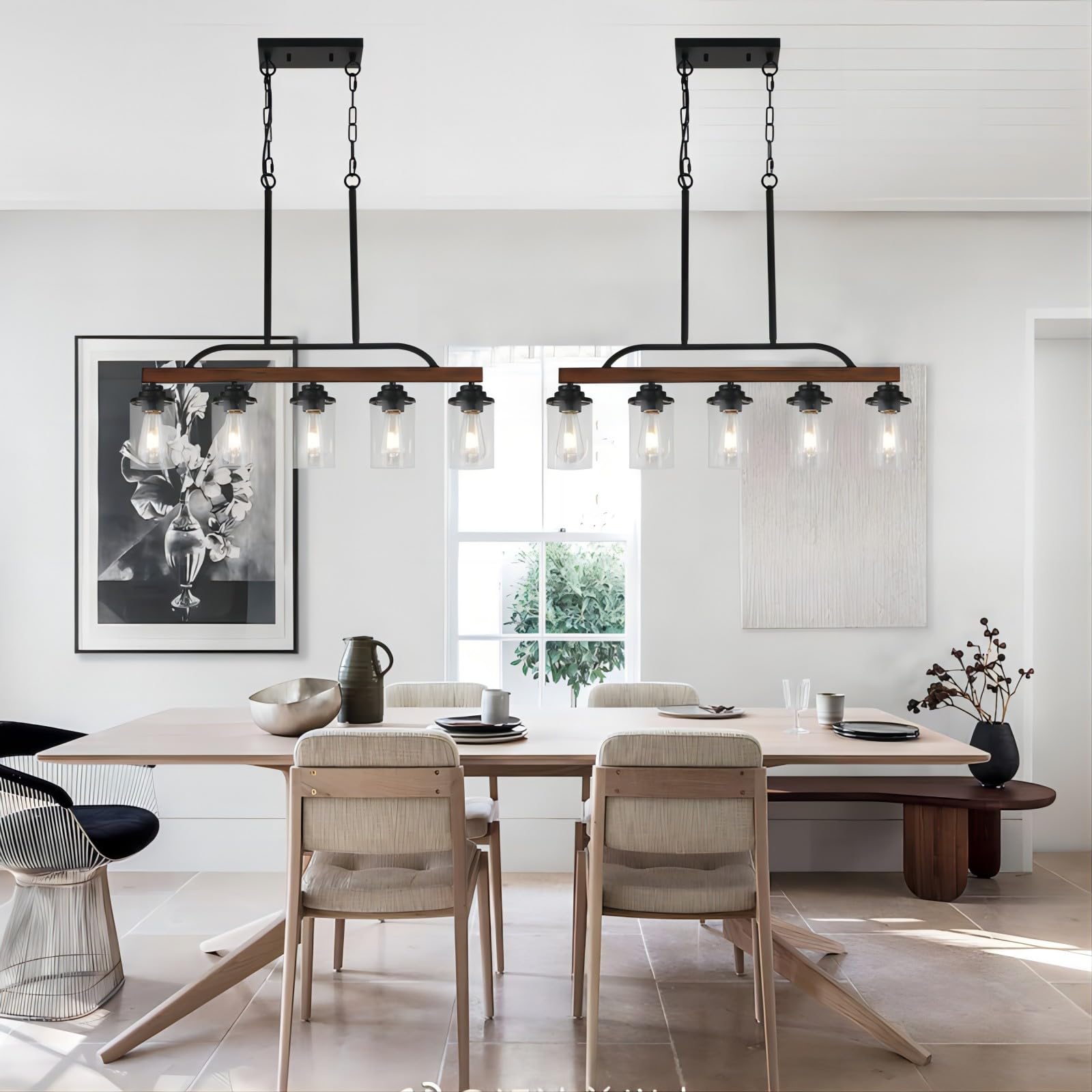 SEEBLEN 5-Light Farmhouse Chandelier - Black Metal Adjustable Kitchen Island Lighting with Clear Glass Shade - Rustic Industrial Dining Room Ceiling Fixture for Kitchen, Restaurant, Cafe and Home Decor