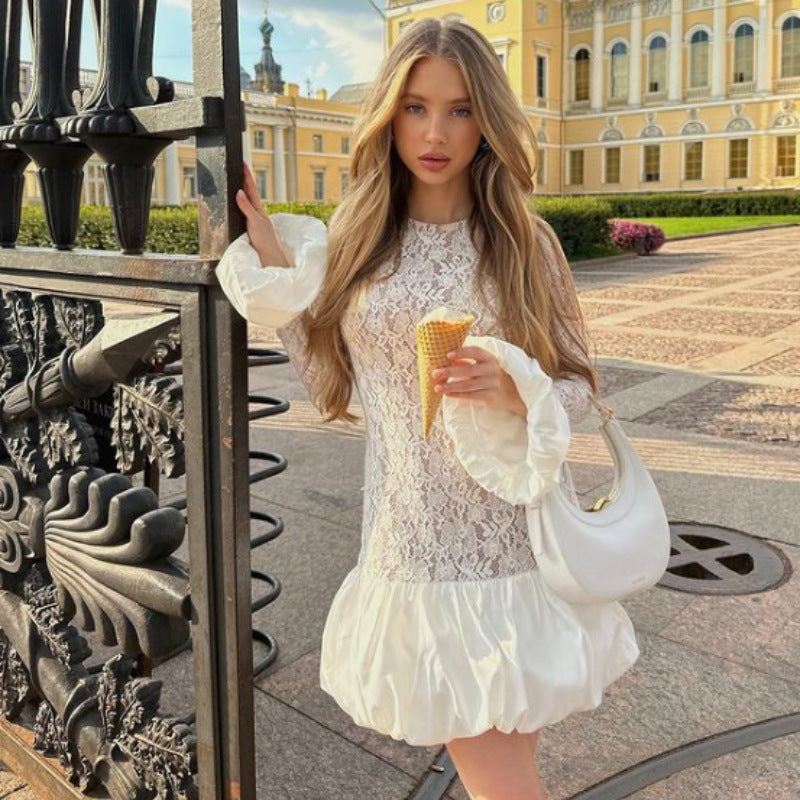 LOVEVOP 2025 Women's Lace Long Sleeve Cake Dress - Elegant See-Through Fashion for Autumn & Winter | Perfect for Parties, Weddings & Date Nights