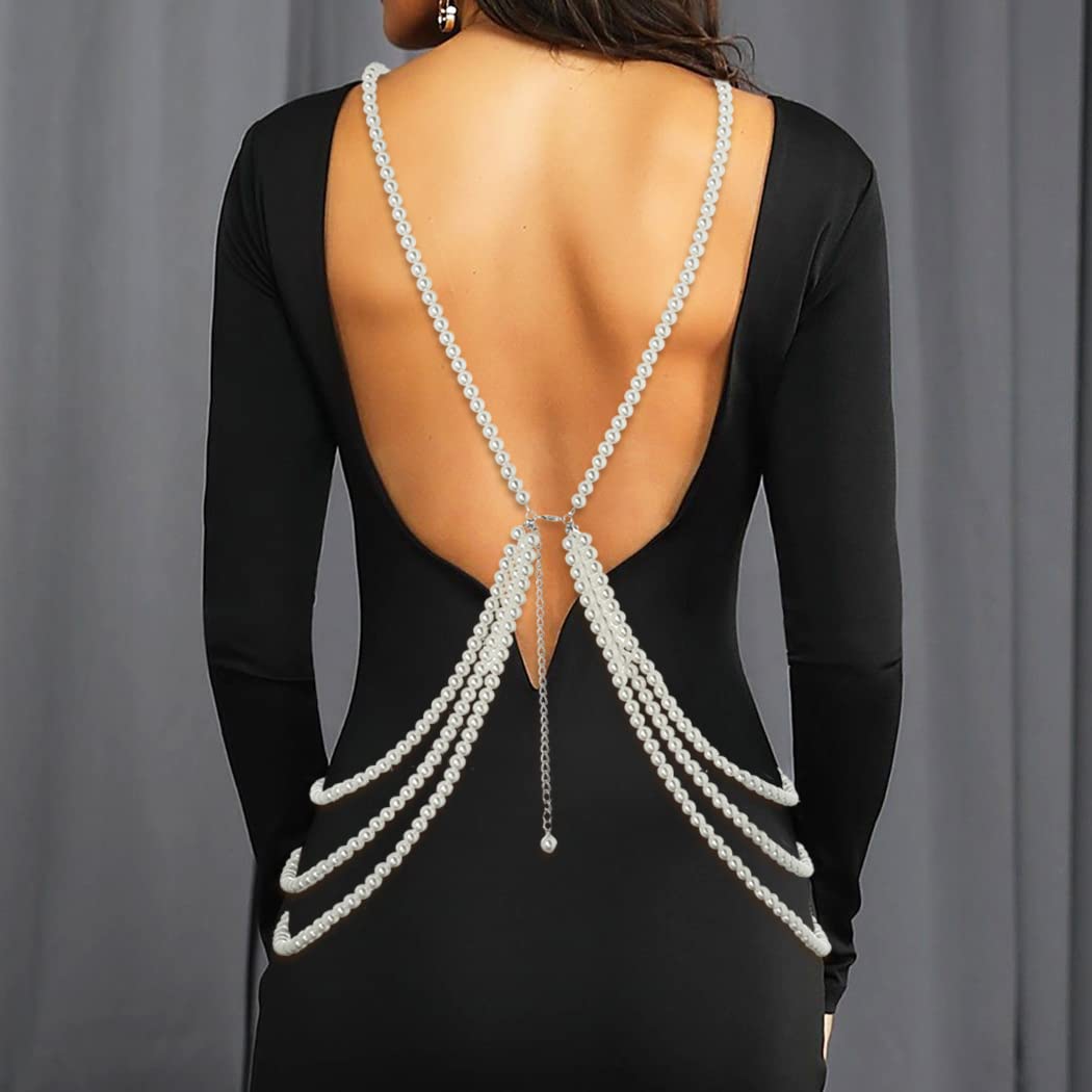 ELABEST White Pearl Body Chain for Women - Layered Crystal Cross Jewelry with Pearls - Perfect for Beach Parties, Bridal Showers & Boho Fashion