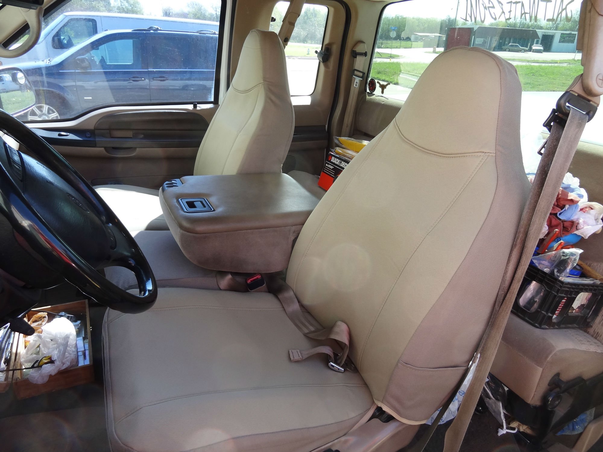 Durafit Seat Covers for 1999-2007 Ford F250-F550 Trucks - Front 40/20/40 Split Design with Molded Headrests & Console Access - Tan Twill Fabric - Perfect for Work Trucks, Off-Roading & Daily Commuting