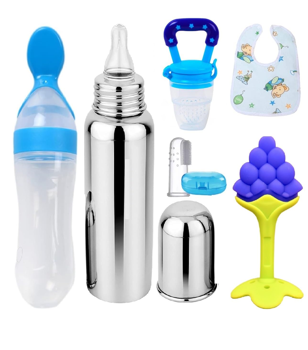 DKB Baby Fruit Feeder Pacifier Set - Includes Silicone Food Dispensing Spoon (90ml), Fruit Teether, Finger Brush, Baby Bib & Steel Bottle (240ml) - Blue | Safe for Infants 6+ Months | Perfect for Feeding, Teething Relief & On-the-Go Meals
