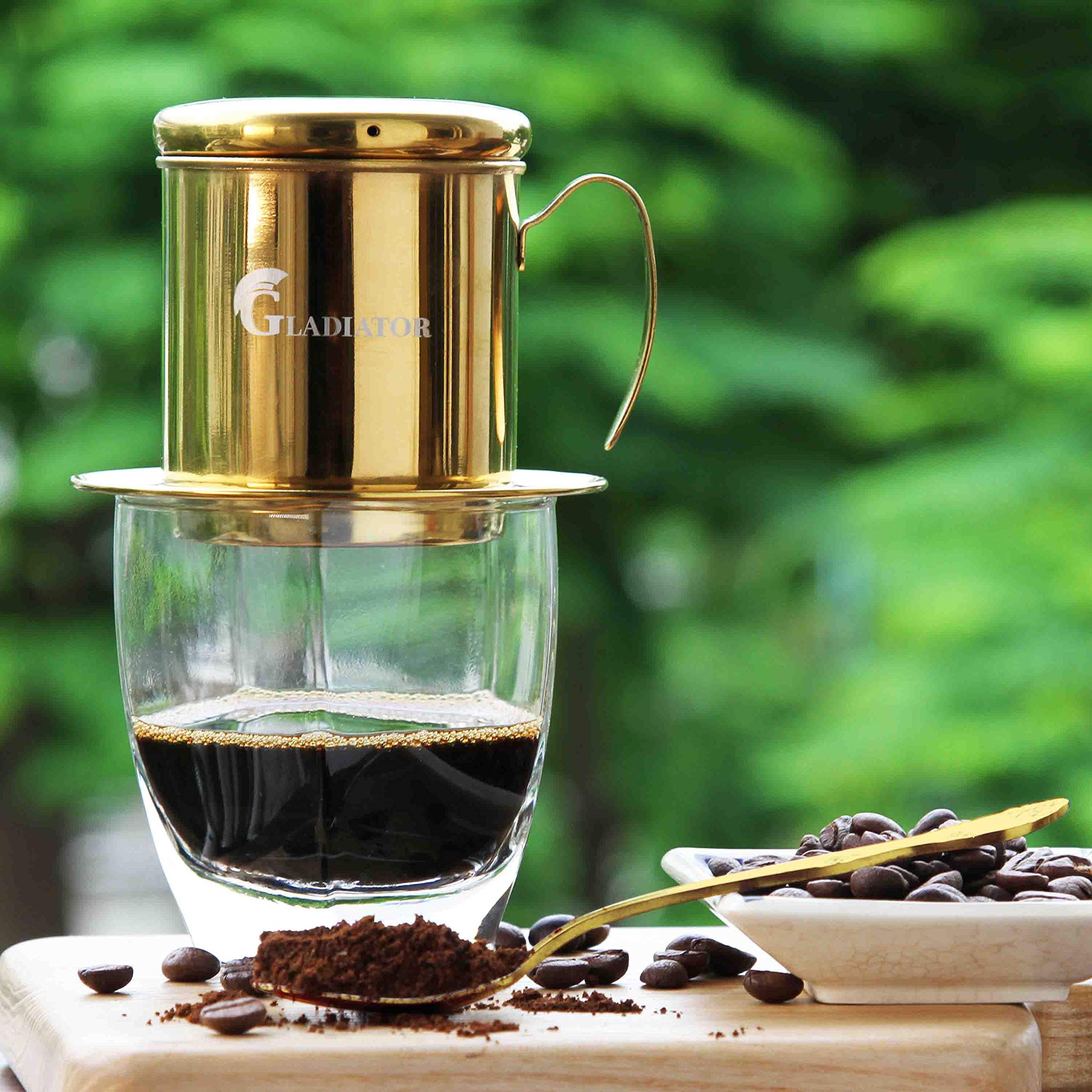 Vietnamese Coffee Maker Phin Filter - Small Portable French Press Cup for Single Serve Coffee - Perfect Gift for Coffee Lovers (Gold) - Ideal for Home, Office, Camping & Travel Use