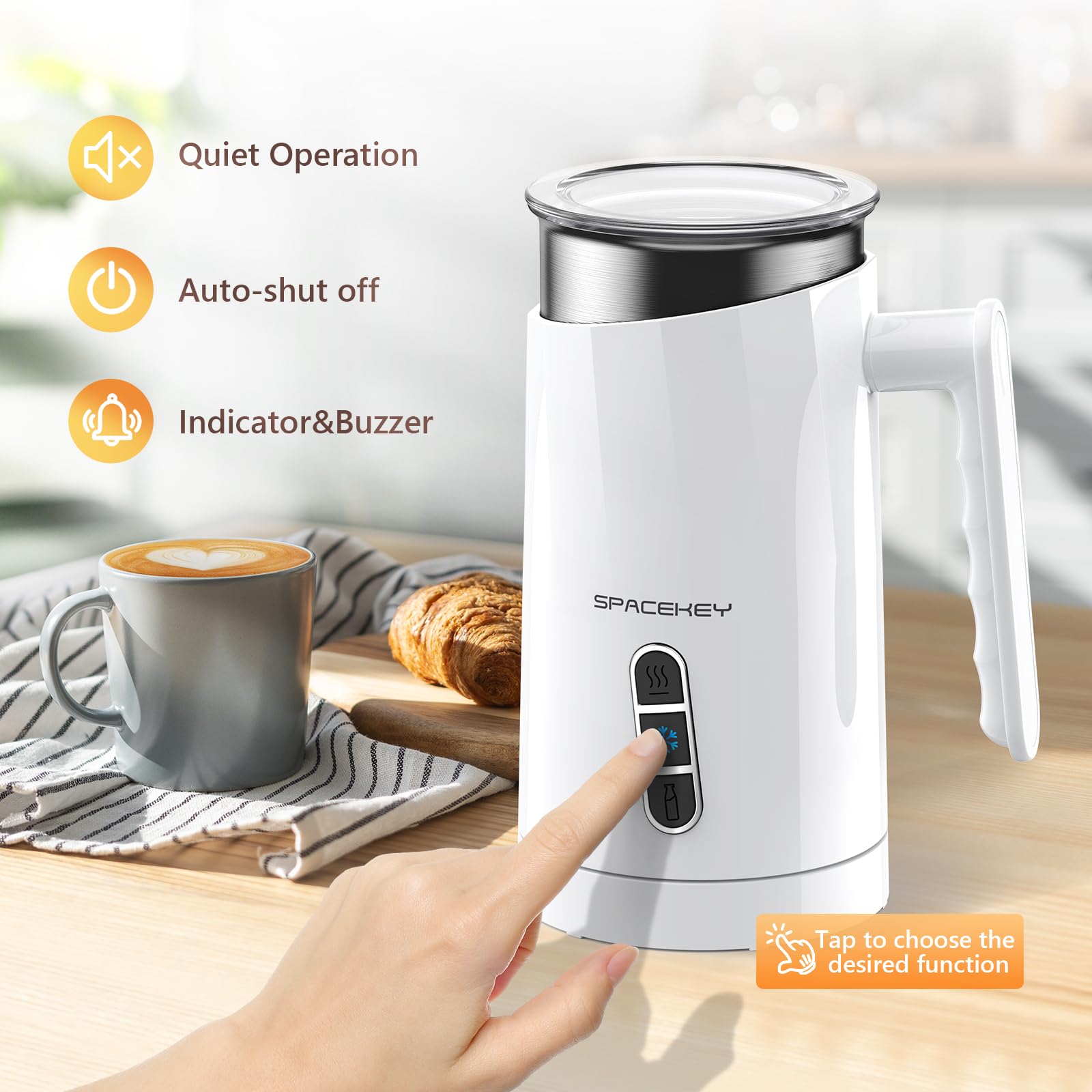 Spacekey 4-in-1 Electric Milk Frother & Warmer - 10.1oz Hot & Cold Foam Maker for Coffee, Latte, Cappuccino & Hot Chocolate - Heats to 167°F with Buzzer Alarm - Perfect for Home, Office & Coffee Shops