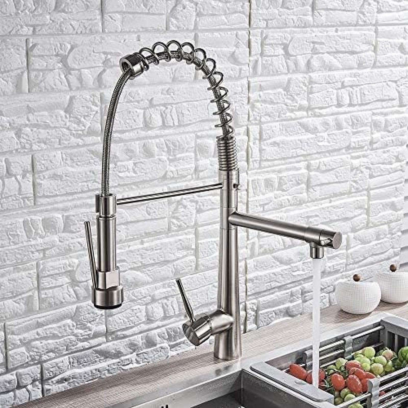 CRJUS Brushed Nickel Dual Spout Pull Out Kitchen Faucet with Spring Brass Hot and Cold Mixer Tap, Deck Mounted for Modern and Farmhouse Style Kitchens