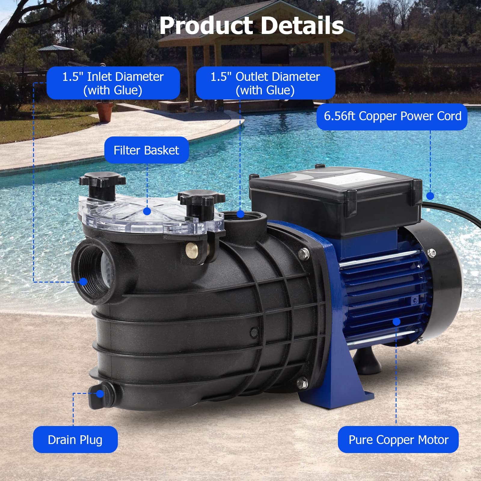 0.75HP In-Ground & Above Ground Pool Pump - 550W 115V High Flow Swimming Pool Pump with 2641GPH & Self-Priming - Quiet Single Speed Pool Pump with Filter Basket for Clean Water - Perfect for Backyard Pools, Spas & Water Features