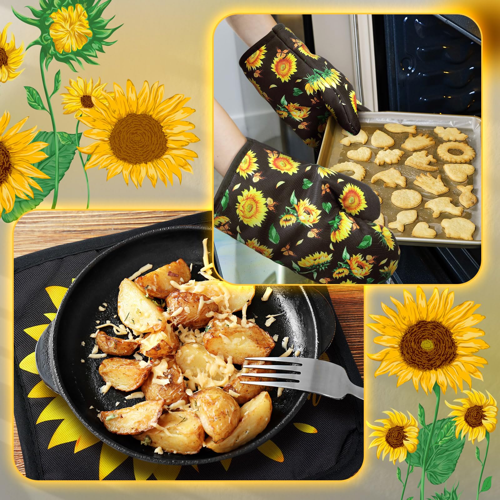 Bencailor 6-Piece Kitchen Decor Set - 2 Oven Mitts, 2 Dish Towels, 2 Pot Holders - Farmhouse Style Cooking & Baking Accessories for Grilling, Baking, and Kitchen Use (Black & Sunflower Design) - Perfect for Home Cooking, BBQ Parties, and Holiday Gift Giving