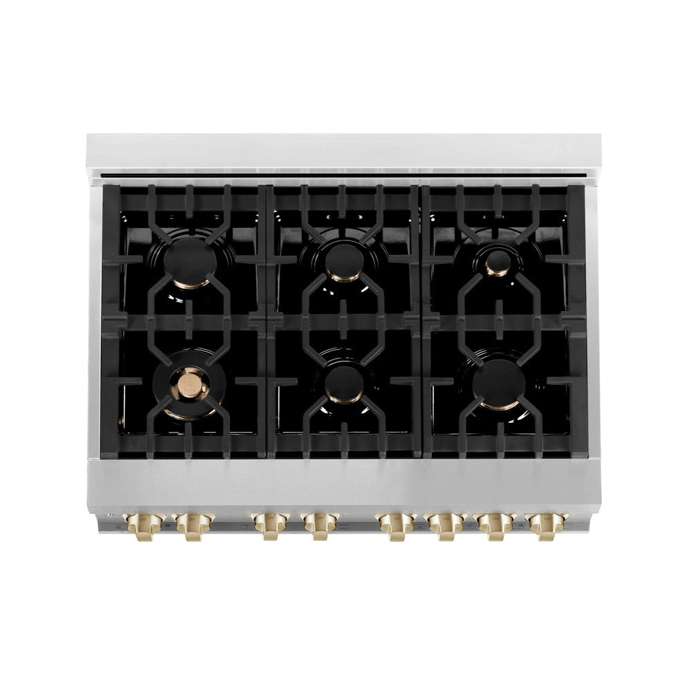 ZLINE Autograph Edition 36-inch Stainless Steel Dual Fuel Range with White Matte Door, Range Hood & Dishwasher - Gold Accents | Professional Kitchen Package for Modern Homes & Chef-Inspired Cooking