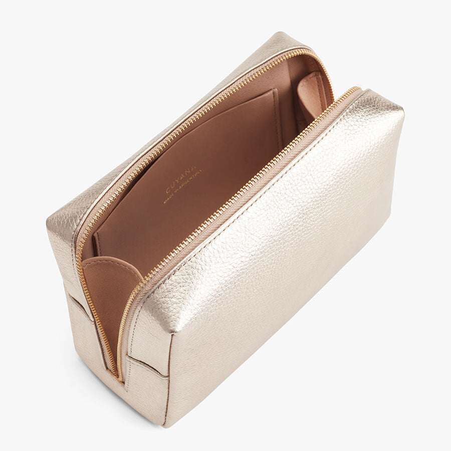 Vanity Case Shimmer Leather Gold Makeup Bag for Women - Elegant Cosmetic Organizer for Travel, Home & Daily Use