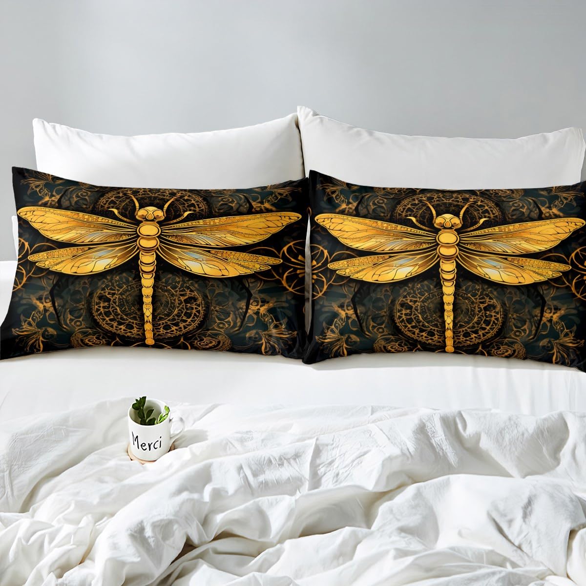 Luxury Gold Boho Dragonfly Bedding Set King Size for Bedroom Decor