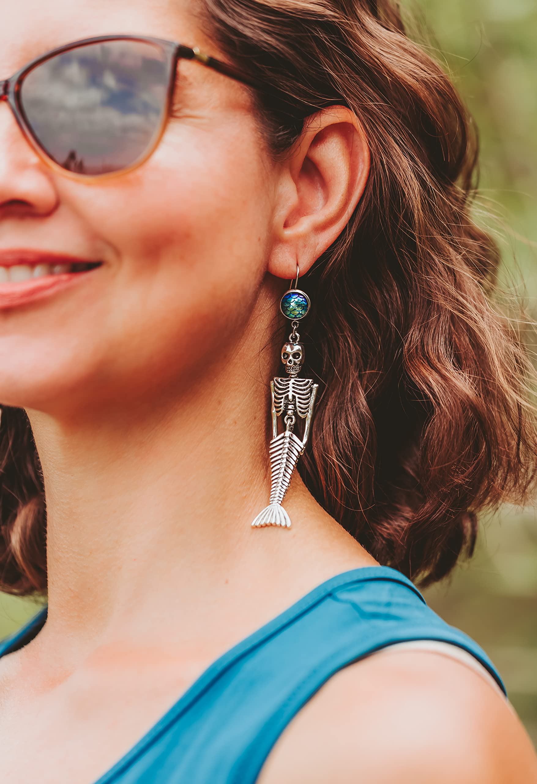 Mermaid Skeleton Dangle Earrings with Scales - Unique Summer & Halloween Jewelry for Women - Perfect for Costume Parties, Beach Vacations, and Gothic Fashion