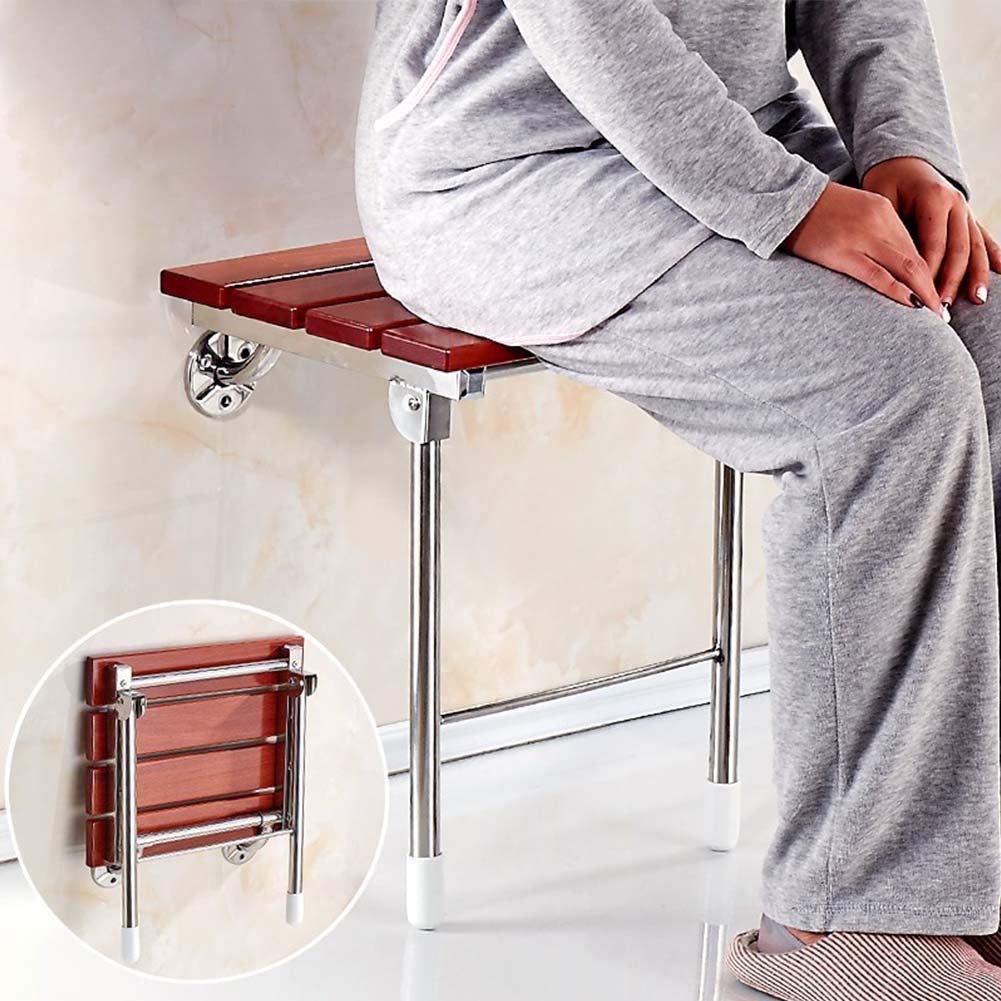 DLT Folding Shower Stool Seat - Wall Mounted Bathroom Safety Chair for Elderly & Disabled, Solid Wood with Steel Support Legs (350 Lbs Capacity), 14.88