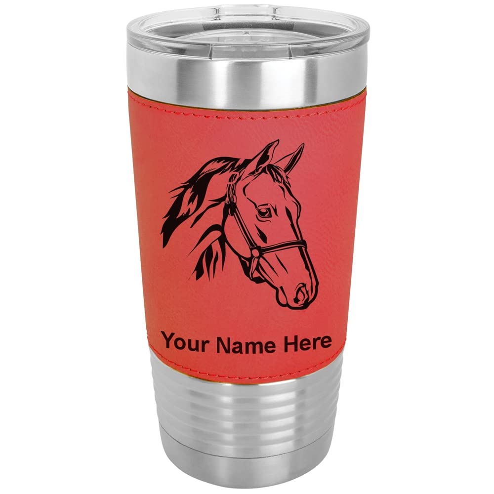 LaserGram 20oz Vacuum Insulated Stainless Steel Tumbler Mug with Horse Head Design - Personalized Engraving, Faux Leather Wrap & Leak-Proof Lid - Perfect for Coffee, Tea & Cold Drinks at Home, Office or Travel (Red)