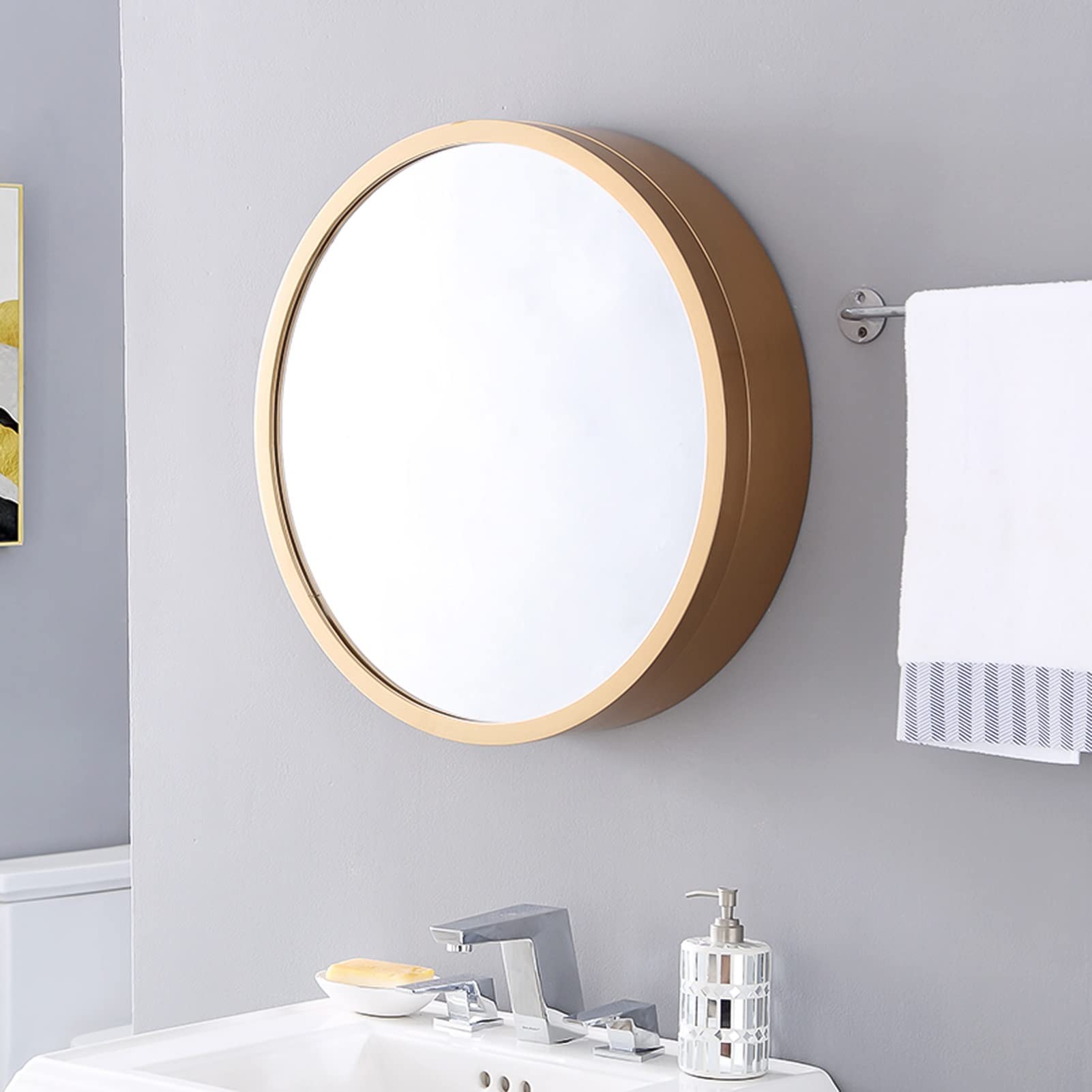 Round Wall Mounted Bathroom Medicine Cabinet with Mirror Door & Hidden Shelves - Beige, 50cm - Perfect for Small Bathrooms, Vanity Storage & Modern Home Decor