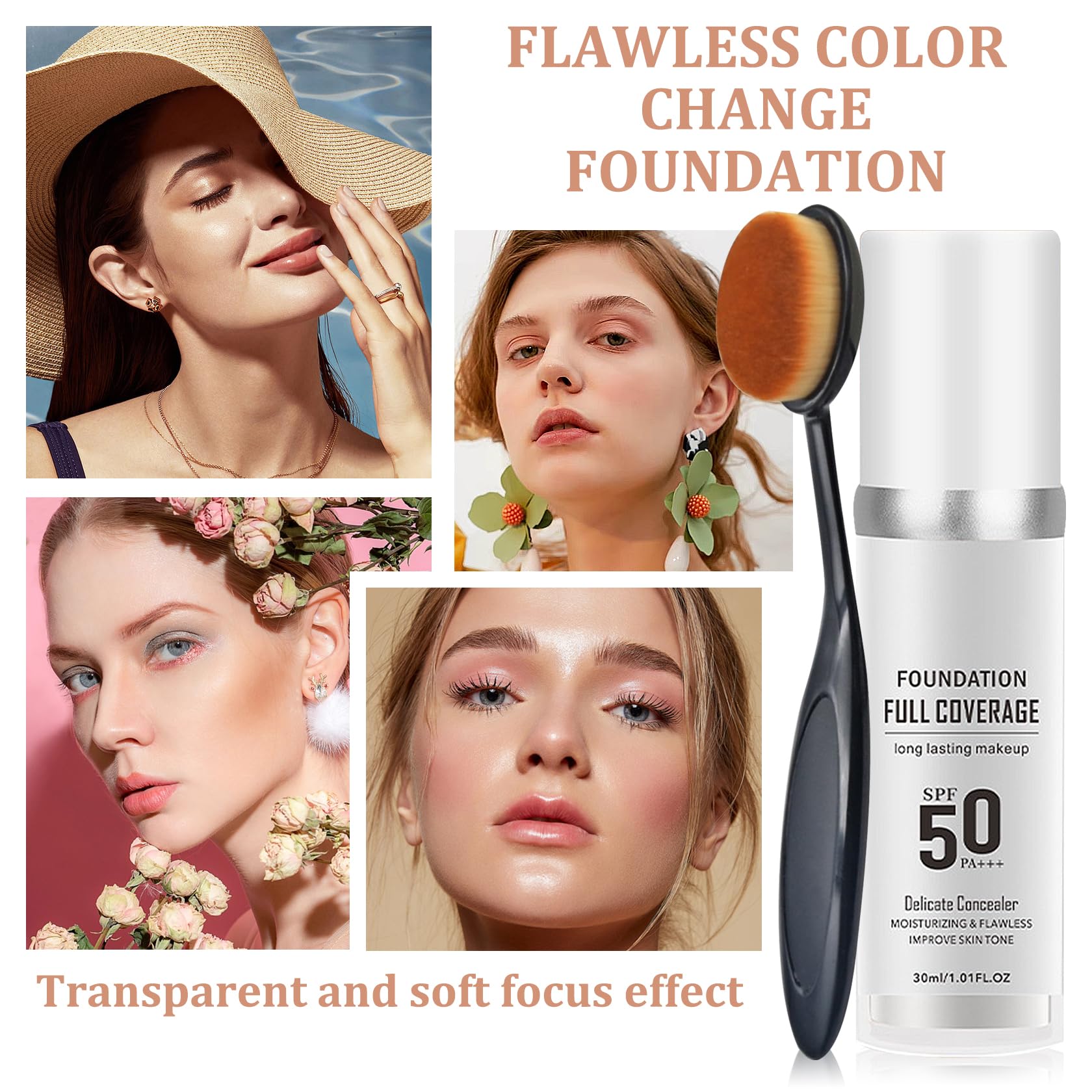 2PCS Color Changing Liquid Foundation Makeup Set - Full Coverage, Oil Control & Moisturizing - Waterproof Matte Concealer with Brush & Sponge - Perfect for Daily Wear, Party & Photography Makeup