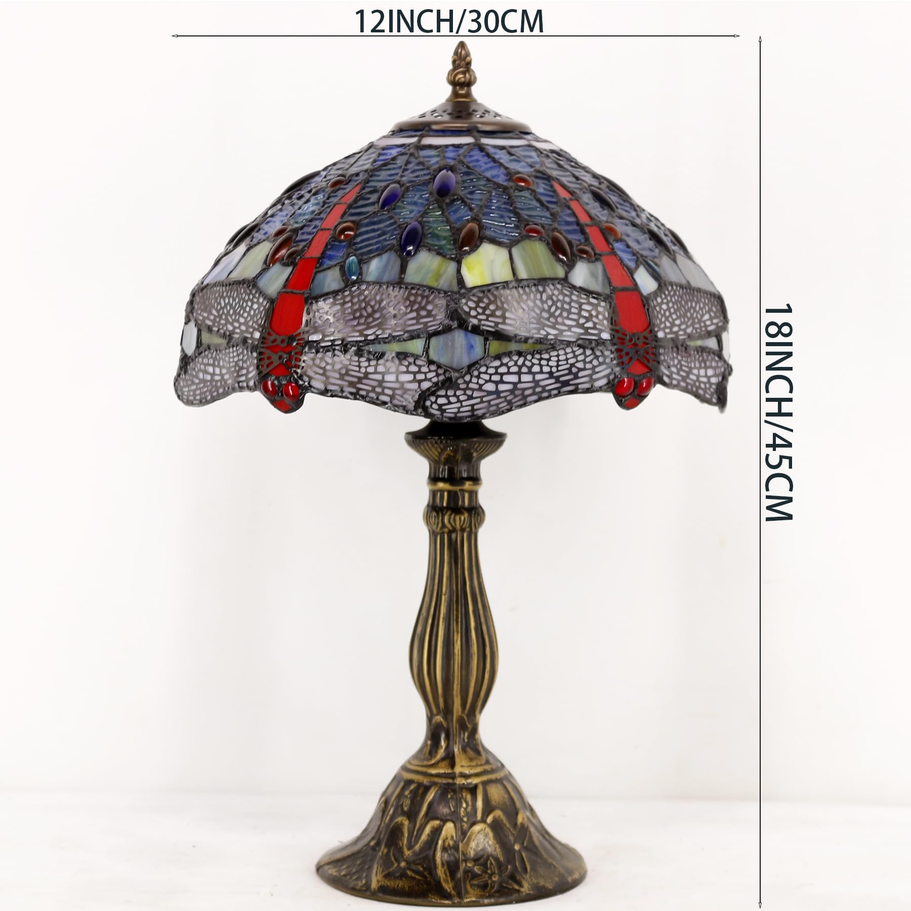 WERFACTORY Tiffany Style Stained Glass Dragonfly Table Lamp - Blue & Red Handcrafted Bedside Reading Light, 12x12x18 Inches - Perfect for Bedroom Nightstand, Living Room Decor & Home Office (S688 Series)