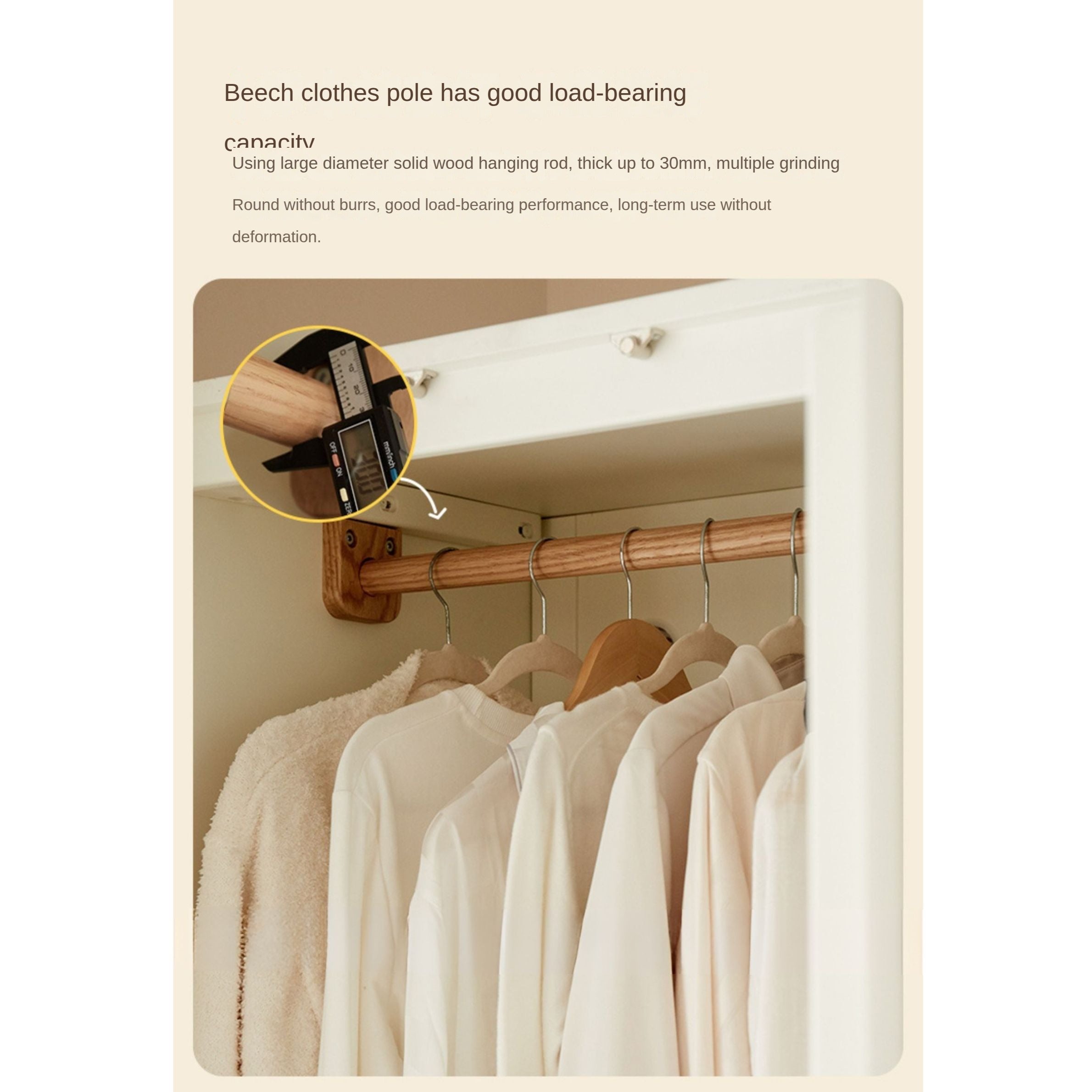 Modern Nordic Style Solid Wood Wardrobe - Beech & Rubber Wood, Cream Finish - Perfect for Bedroom, Living Room, and Office Storage