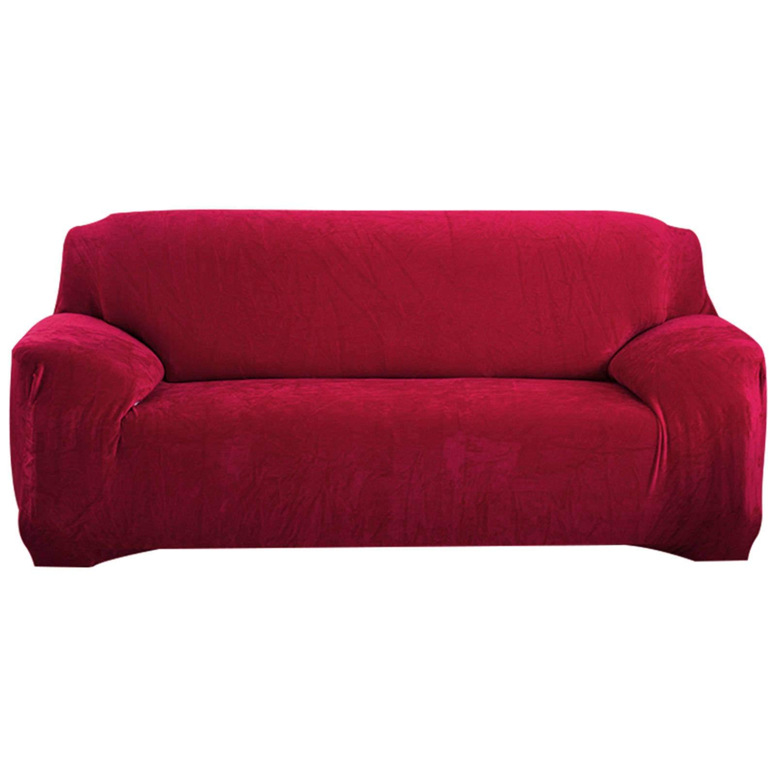 HALOUK Velvet Stretch Sofa Slipcover for 3 Cushion Couch - Plush Furniture Protector with Non-Slip Elastic Bottom - Fits 235-310cm Couches - Red Wine Color - Perfect for Living Room, Home Decor & Pet Protection (X-Large)