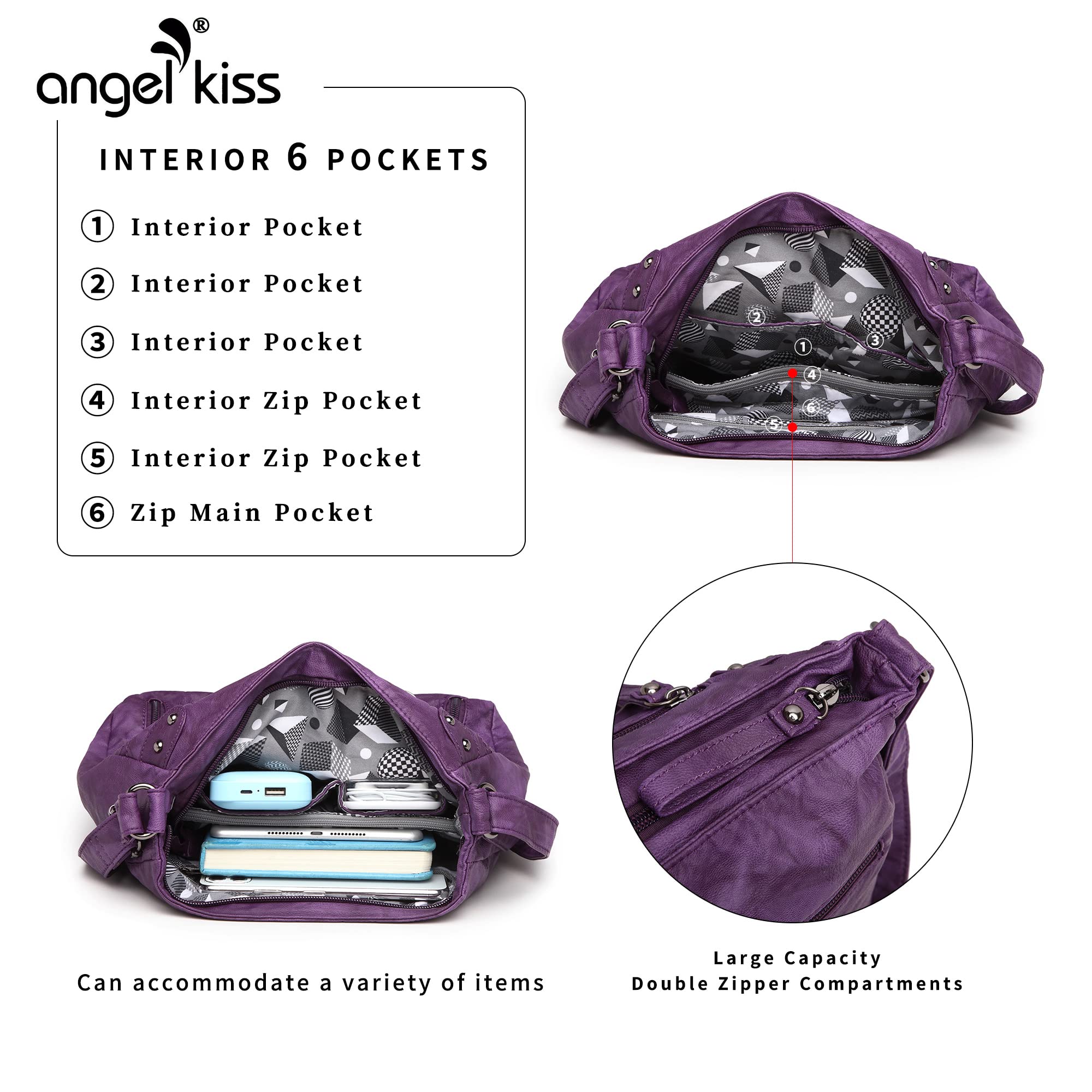 Angel Kiss Women's Crossbody Shoulder Bag - Multi Pocket Soft Hobo Purse for Daily Use, Medium Size - Perfect for Work, Travel & Shopping