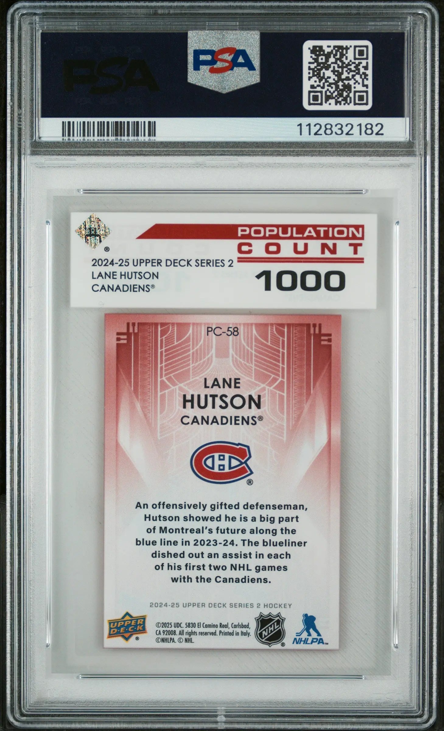 2024 Upper Deck Series 2 Lane Hutson Rookie Card - Limited Edition PSA 10 Gem Mint (Population 1000) - Perfect for Hockey Card Collectors & Sports Memorabilia Enthusiasts