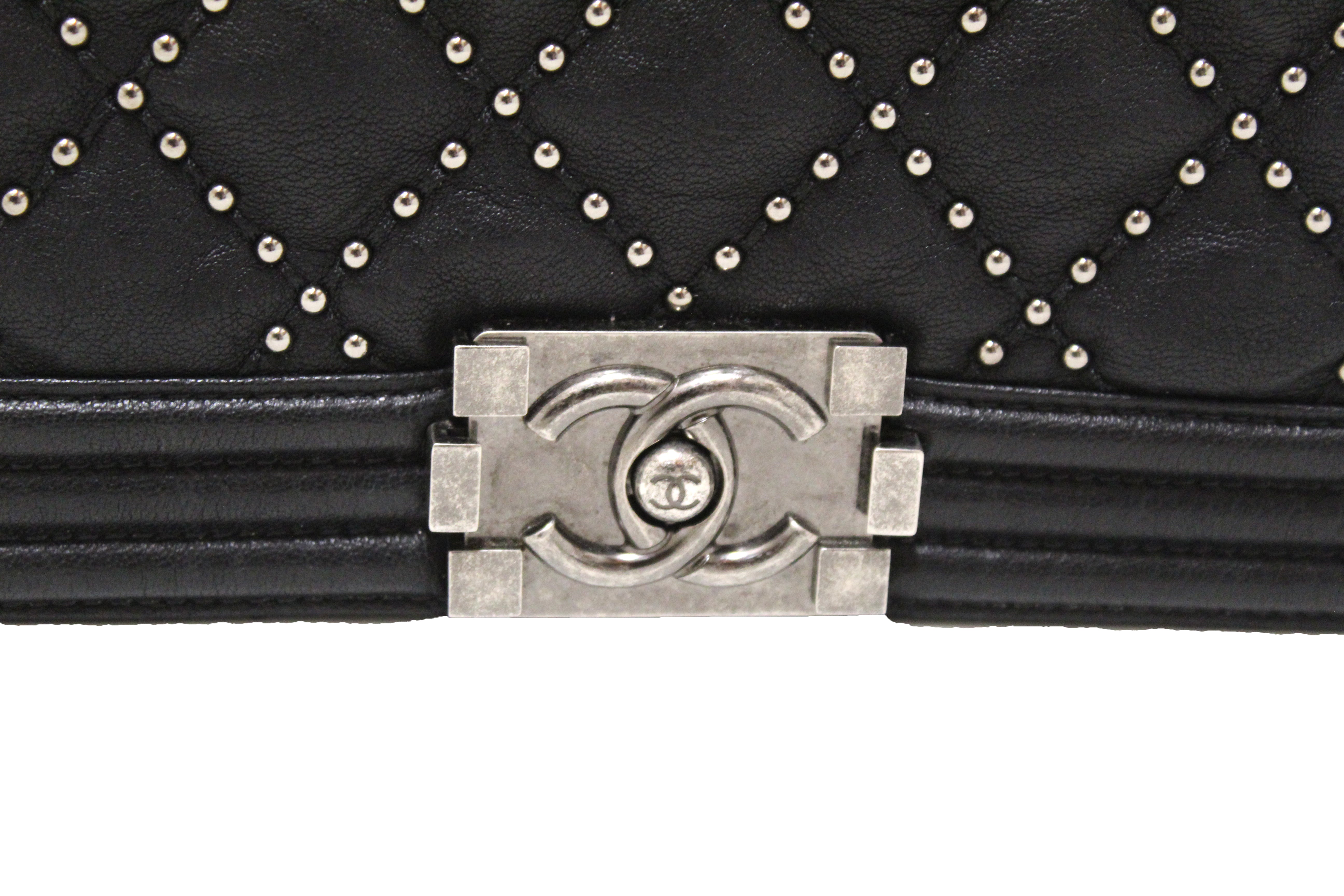 Authentic Chanel Studded Black Quilted Distressed Calfskin Old Medium Boy Flap Shoulder Bag - Luxury Designer Handbag for Women, Perfect for Evening Events & Special Occasions