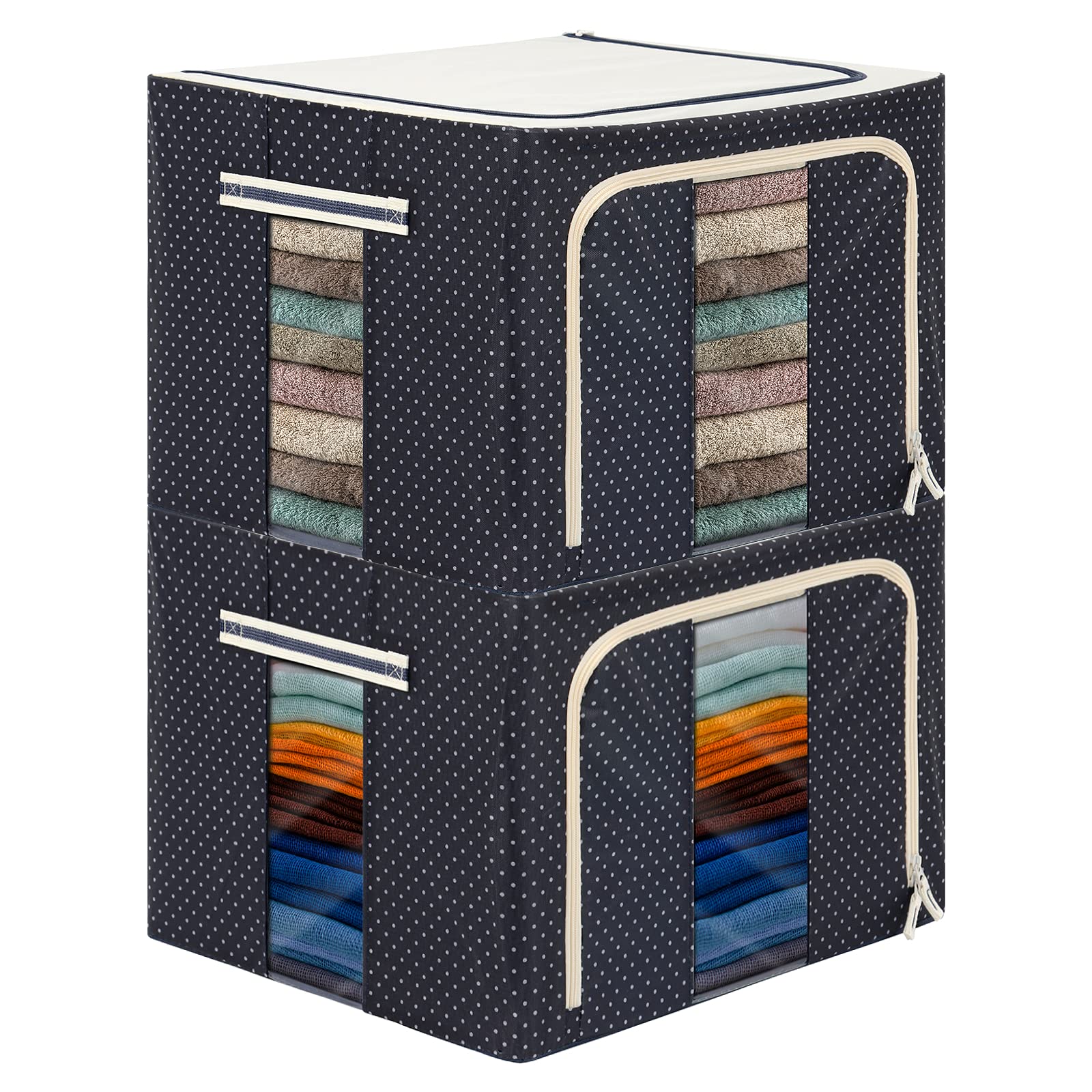 ELUCHANG 66L Foldable Clothes Storage Bags Organizer - 2 Pack with Clear Window, Metal Frame & Sturdy Zipper - Space Saving Closet & Bedding Organizer for Seasonal Clothes, Blankets & Home Storage