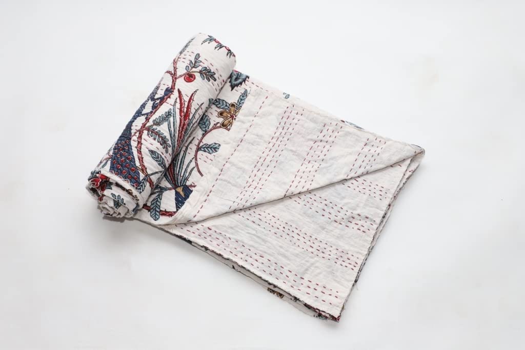 YUVANCRAFTS Indian Handmade Floral Print Kantha Quilt - Queen Size Cotton Bedspread, Lightweight Blanket & Throw Cover (White) | Boho Chic Bedroom Decor, Cozy Living Room Accent, Perfect Gift for Housewarming