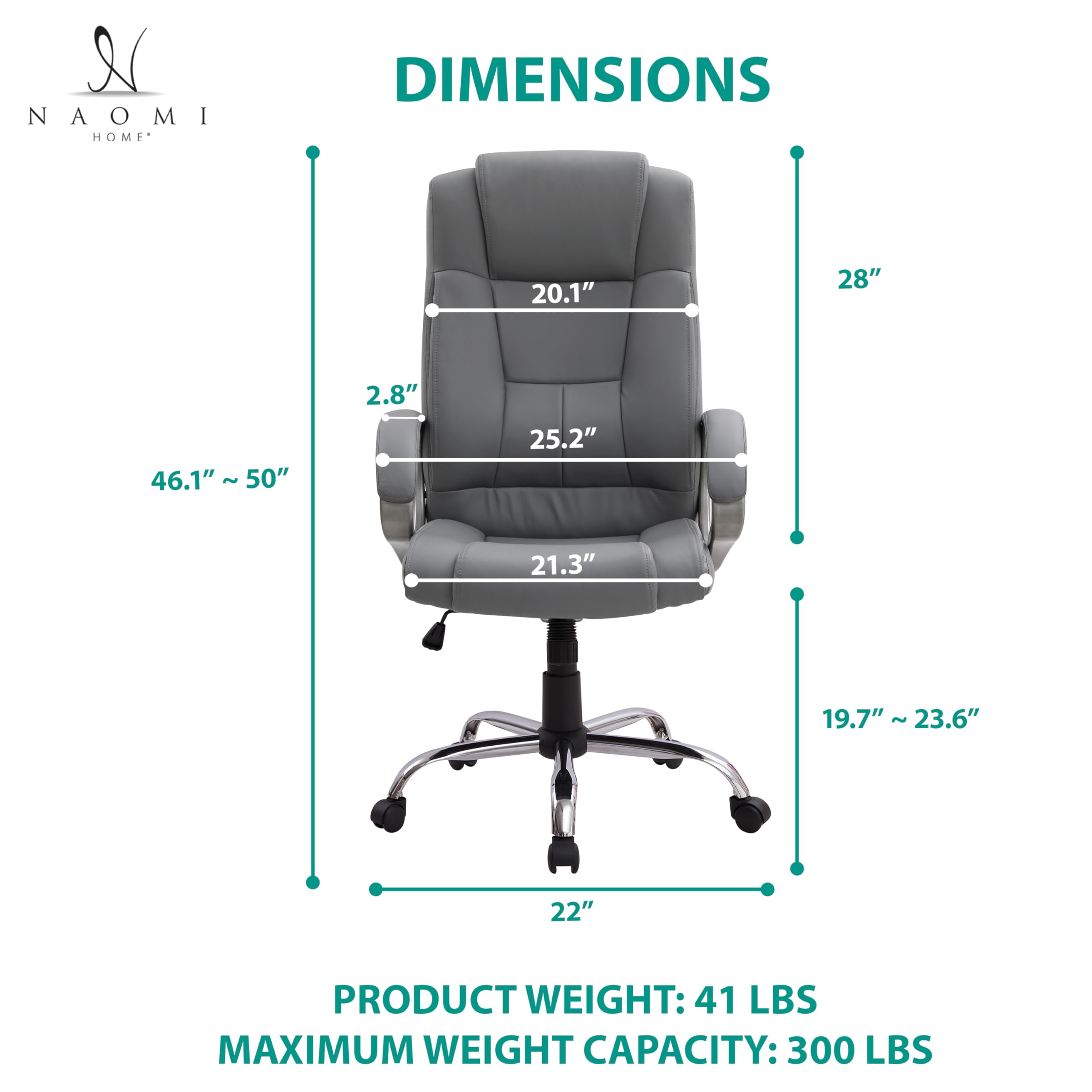 Naomi Home Ergonomic Office Chair - High Back Executive Desk Chair with Wheels, Adjustable Armrests & Lumbar Support, Height/Tilt Swivel Leather Computer Chair - Gray - Perfect for Home Office, Gaming & Workspace Comfort
