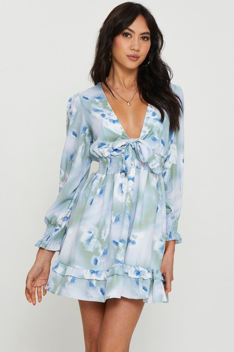 Stylish Abstract Print Mini Dress with Long Sleeves - Perfect for Casual Outings, Parties & Date Nights