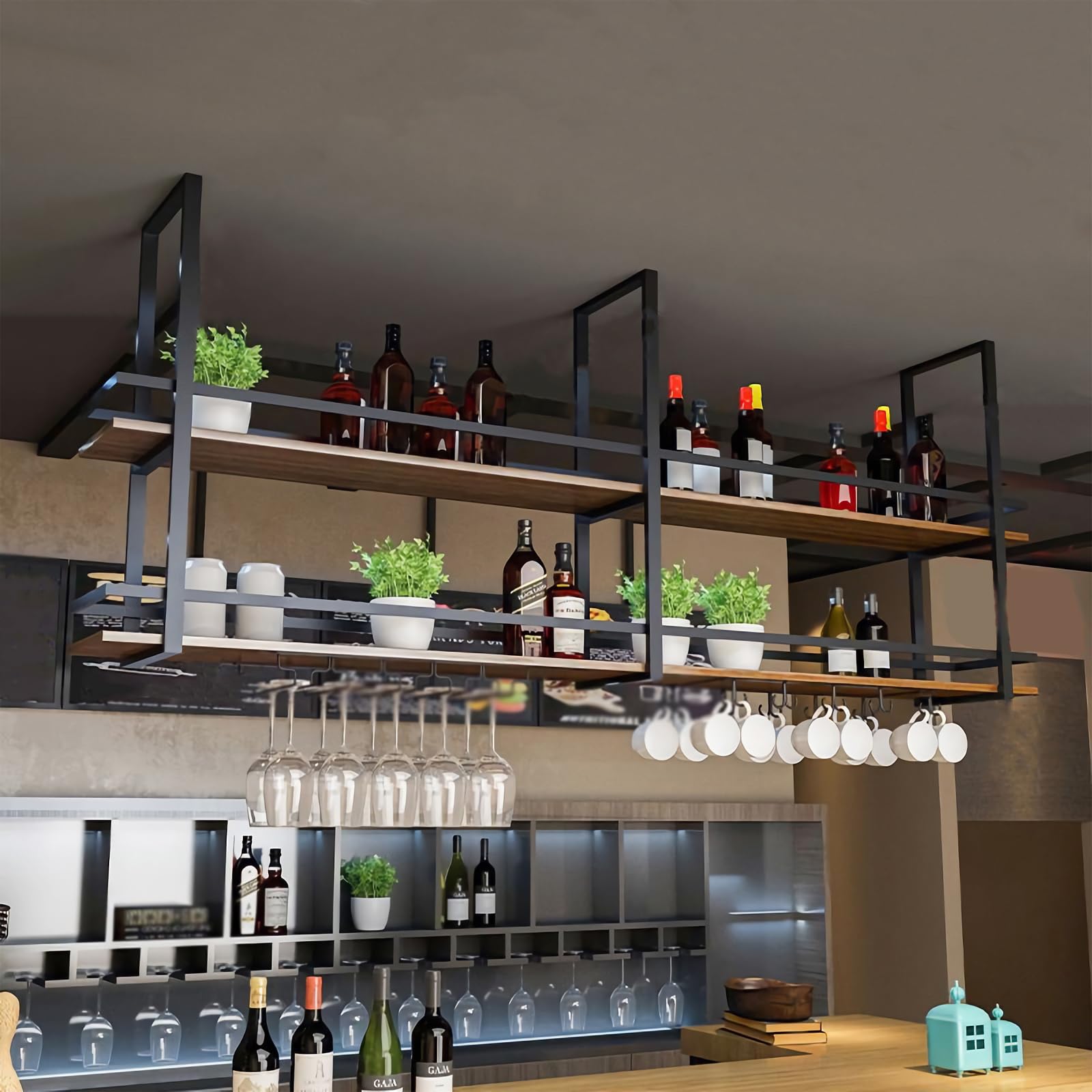 Industrial Ceiling Wine Glass Rack - 31.4 Inch Hanging Wine Bottle Holder with Glass Storage Shelf, 2-Tier Black Metal Wine Rack for Bar, Kitchen & Cafe - Perfect for Home Bars, Restaurants & Commercial Spaces (31.4×11.8×31.4in, Black)