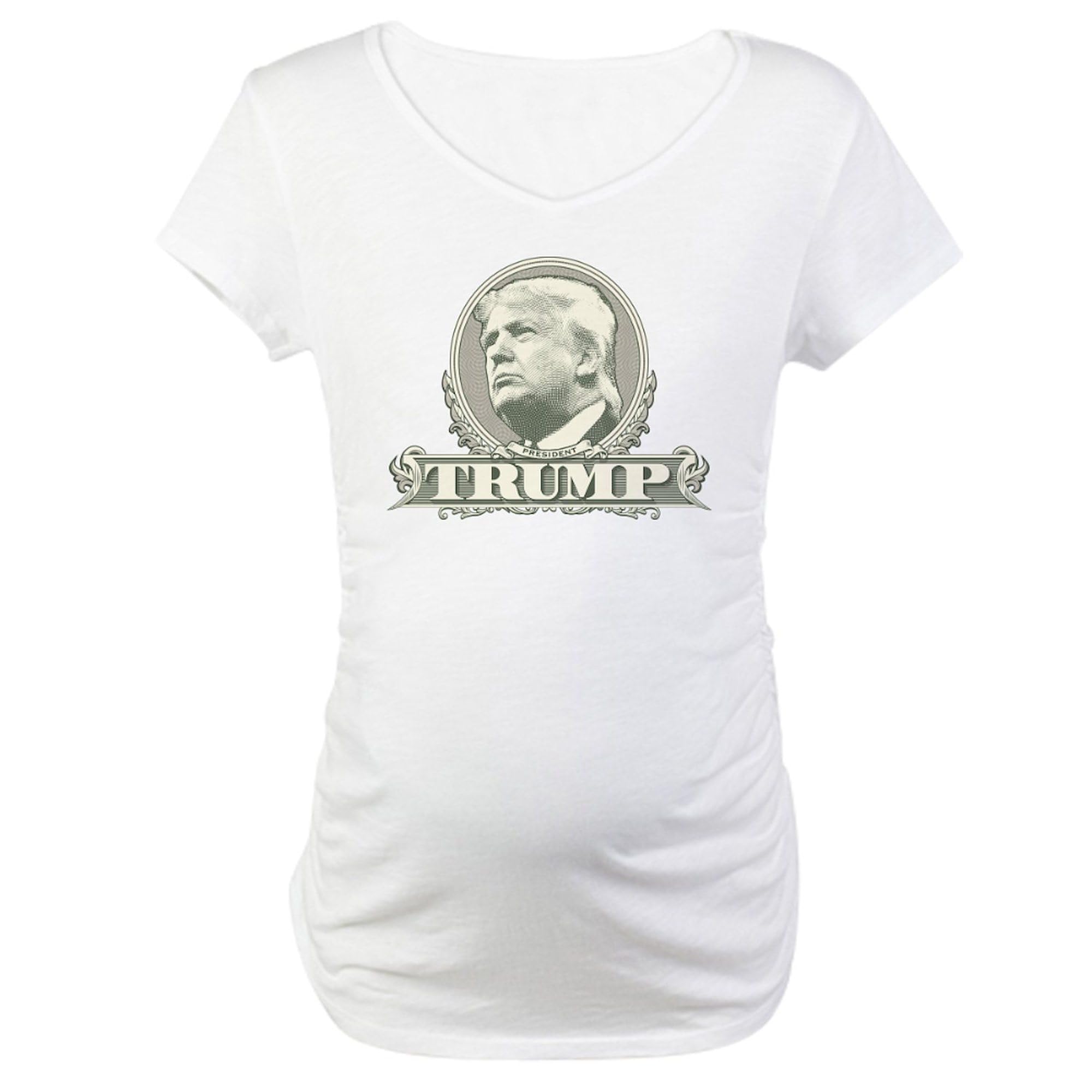 Donald Trump Dollar Bill Framed Maternity T-Shirt for Women - Stretchy Ruched Side Design - Perfect for Pregnancy Photos, Political Events & Patriotic Outfits