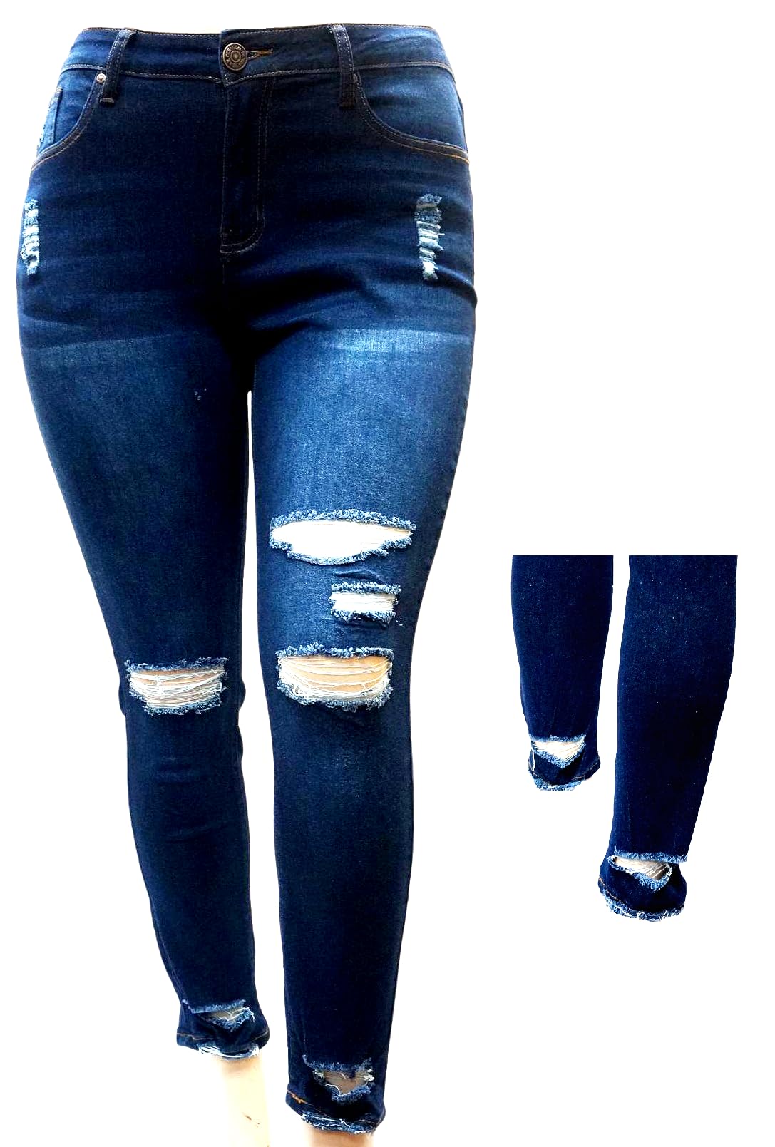 Jack & David Women's Plus Size Ripped Distressed Blue Denim Stretch Jeans - Comfortable High Waisted Skinny Pants for Casual Wear & Street Style