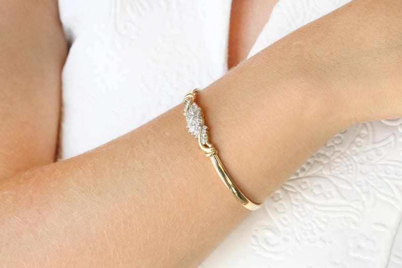 0.88tcw 14K Gold Vintage Bangle Bracelet with Natural White Diamond Baguettes - Elegant Jewelry for Weddings, Parties & Special Occasions